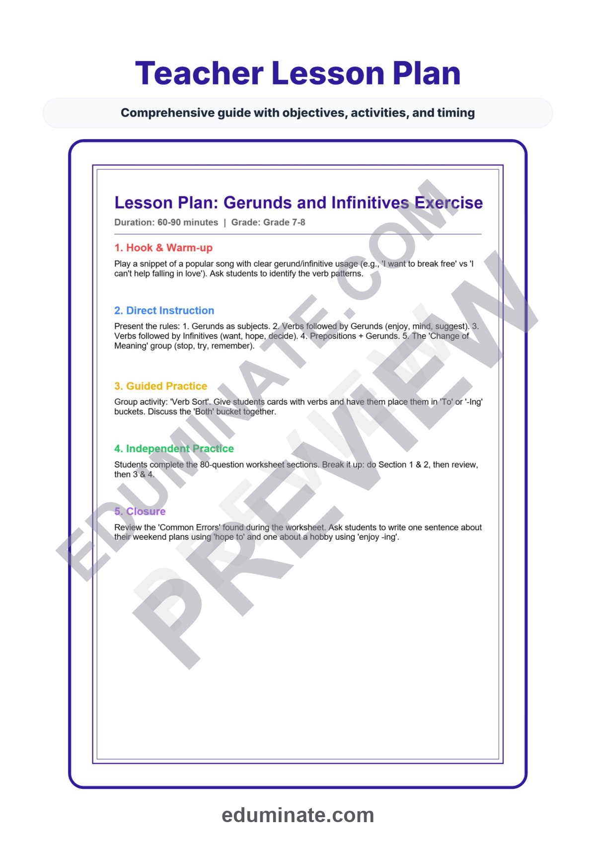 Preview sheet 2 of Gerunds and Infinitives Worksheet | Verb Pattern Practice | Grammar Activity Set