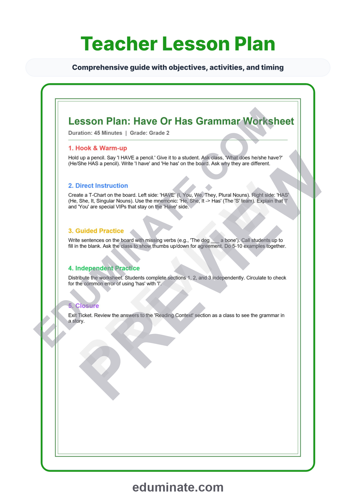 Preview sheet 2 of Have or Has Worksheet | Subject Verb Agreement Practice | Grammar Printables