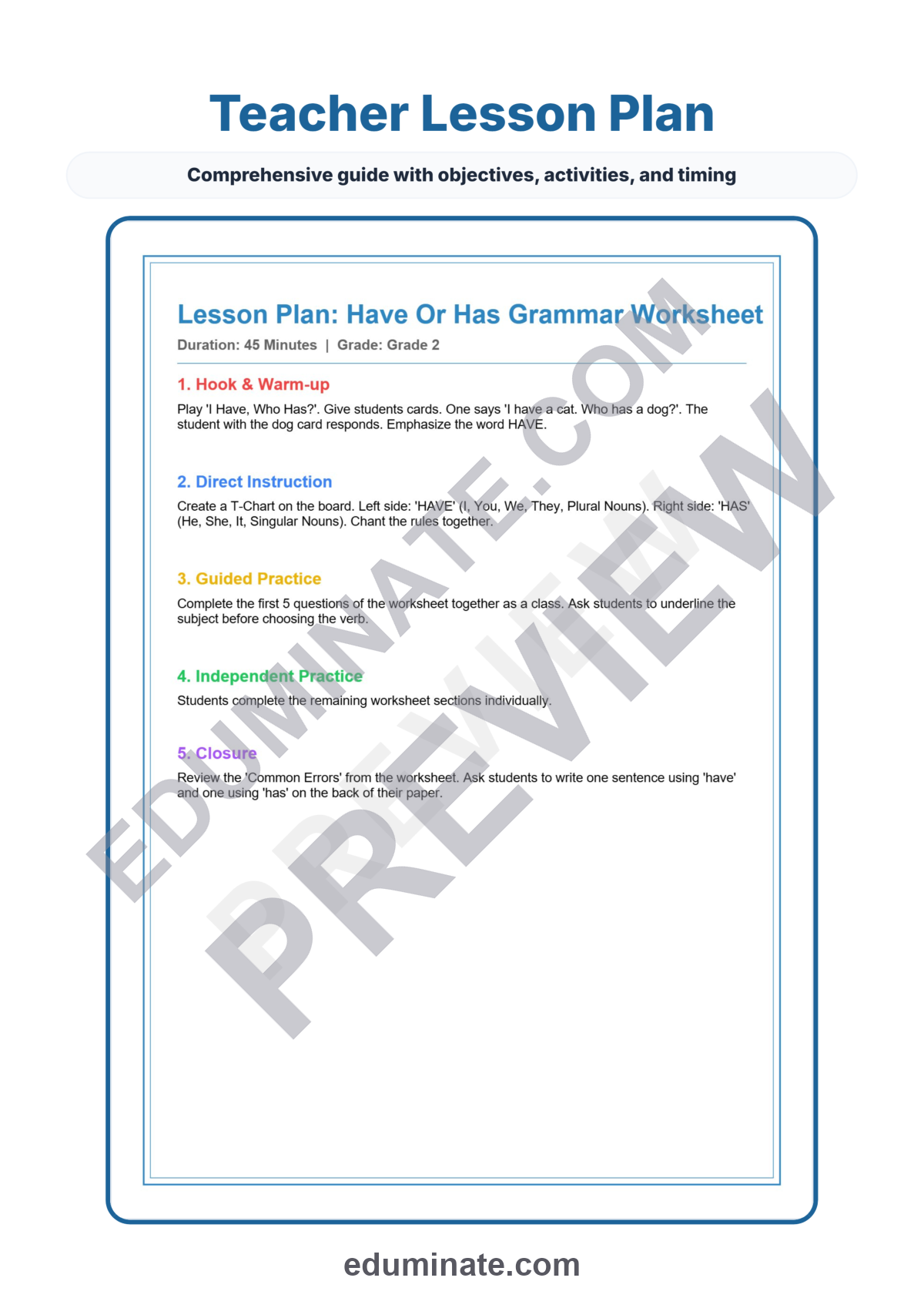 Preview sheet 2 of Subject Verb Agreement Worksheets | Have Has Practice | Grammar Activities Pack