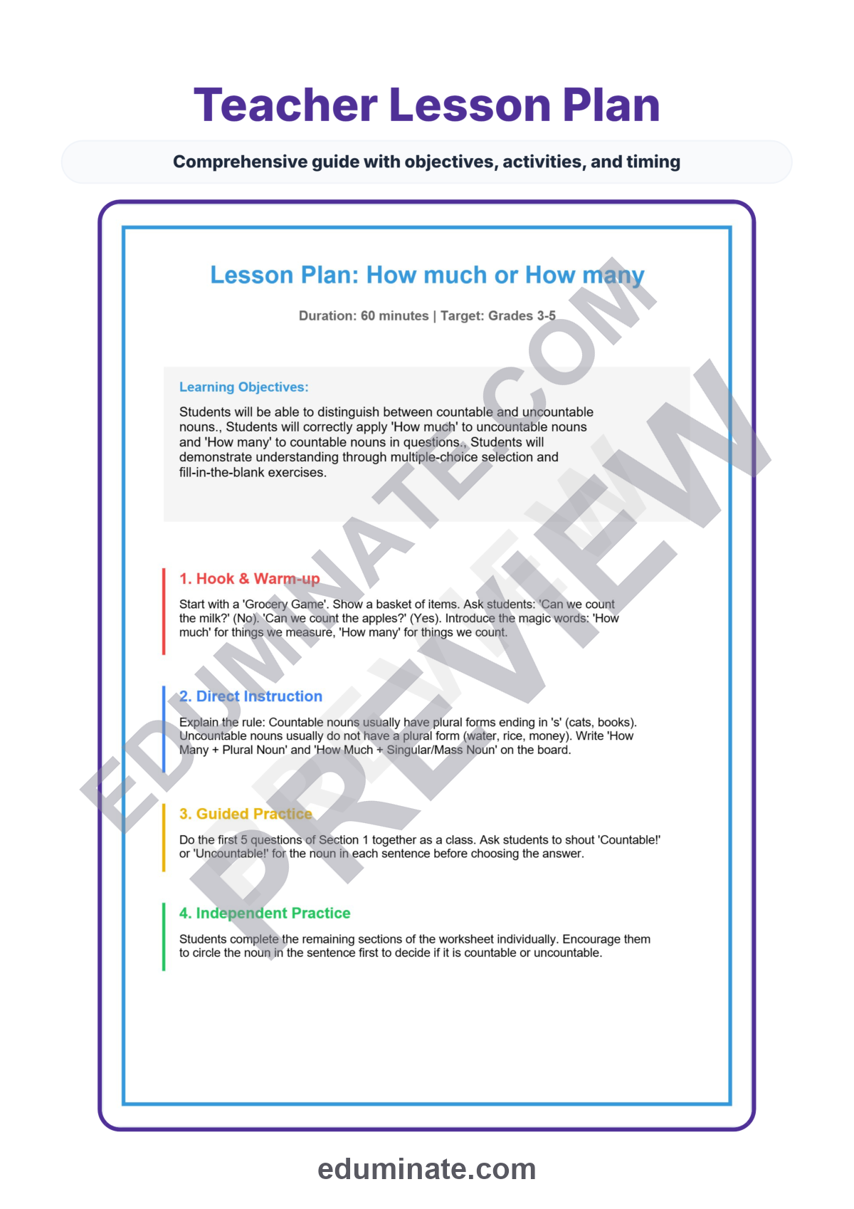 Preview sheet 2 of How Much or How Many Worksheet | Countable and Uncountable Nouns Practice Pack
