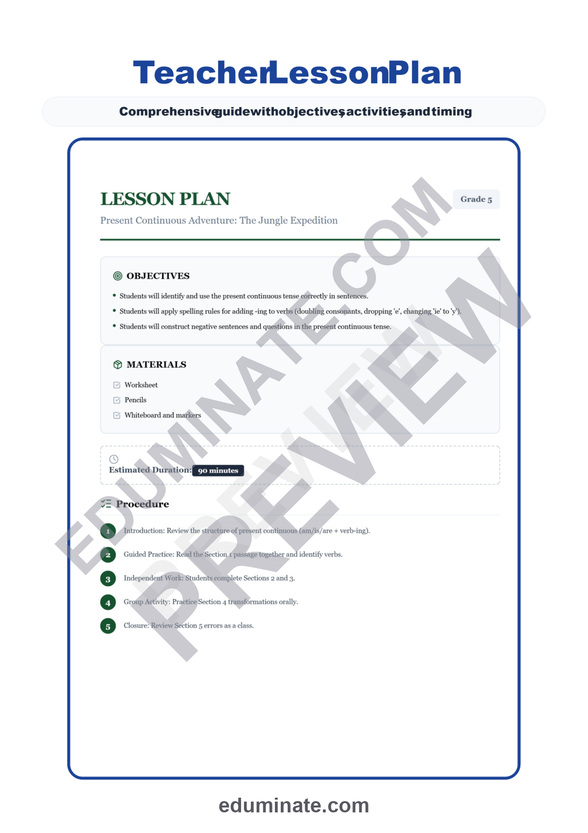 Preview sheet 2 of Present Continuous Tense Worksheets | Jungle Expedition ESL Grammar Practice