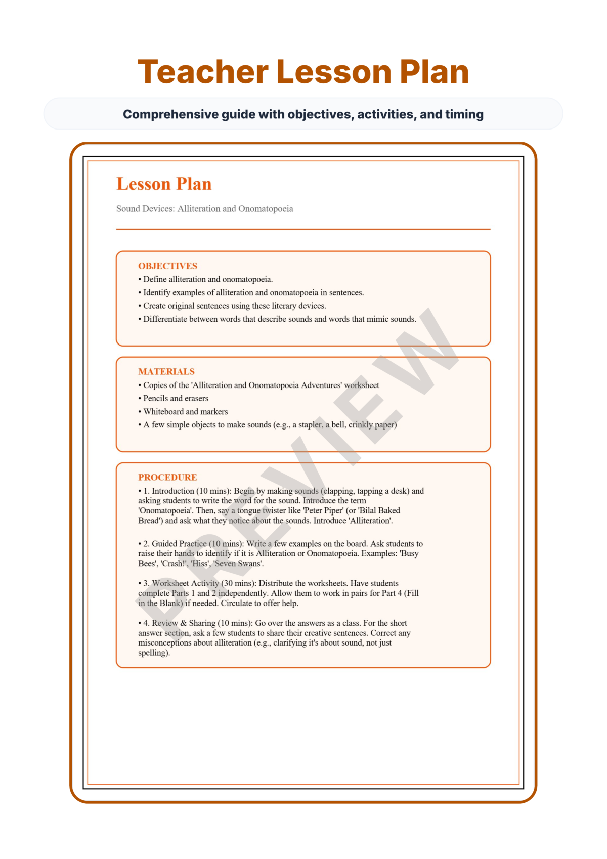 Preview sheet 2 of Alliteration and Onomatopoeia Worksheets | Sound Device Practice | Answer Key