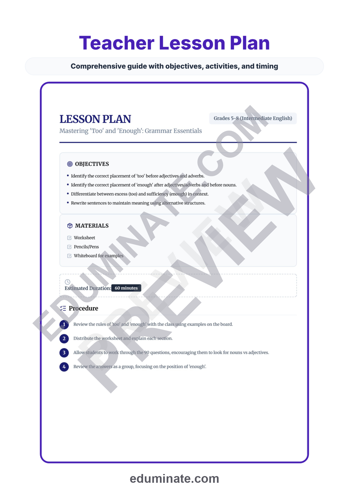 Preview sheet 2 of Too Vs Enough Worksheets | Grammar Practice Activities | Fill In The Blank Set