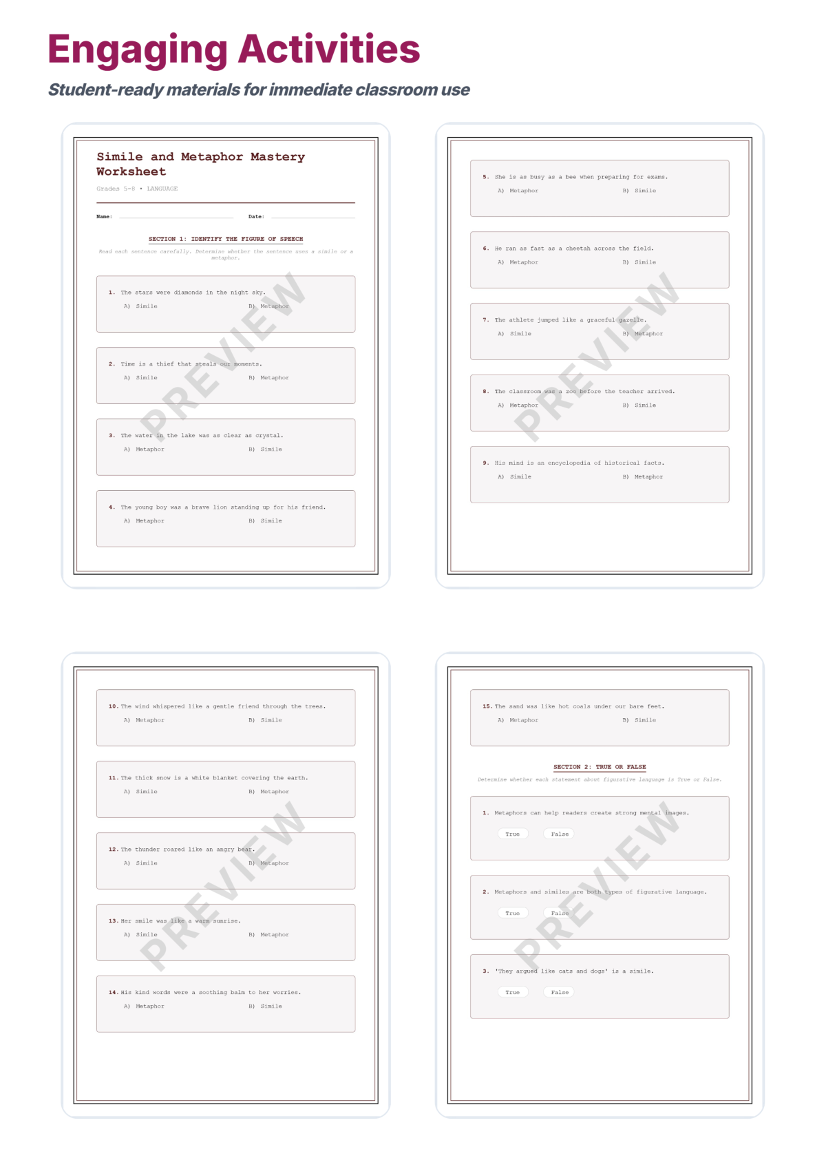 Preview sheet 3 of Simile and Metaphor Worksheets | Figurative Language Practice with Answer Key