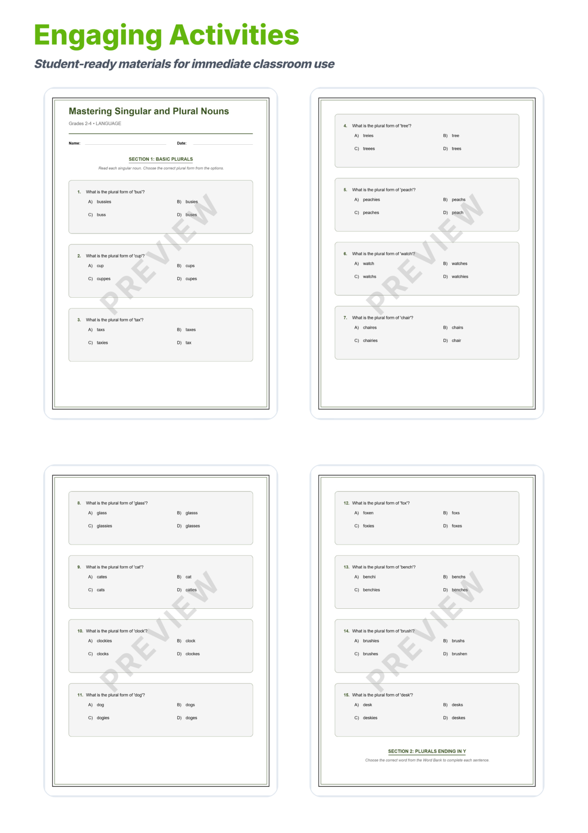 Preview sheet 3 of Singular and Plural Nouns Worksheets | Plural Rules | Grammar Practice Activity