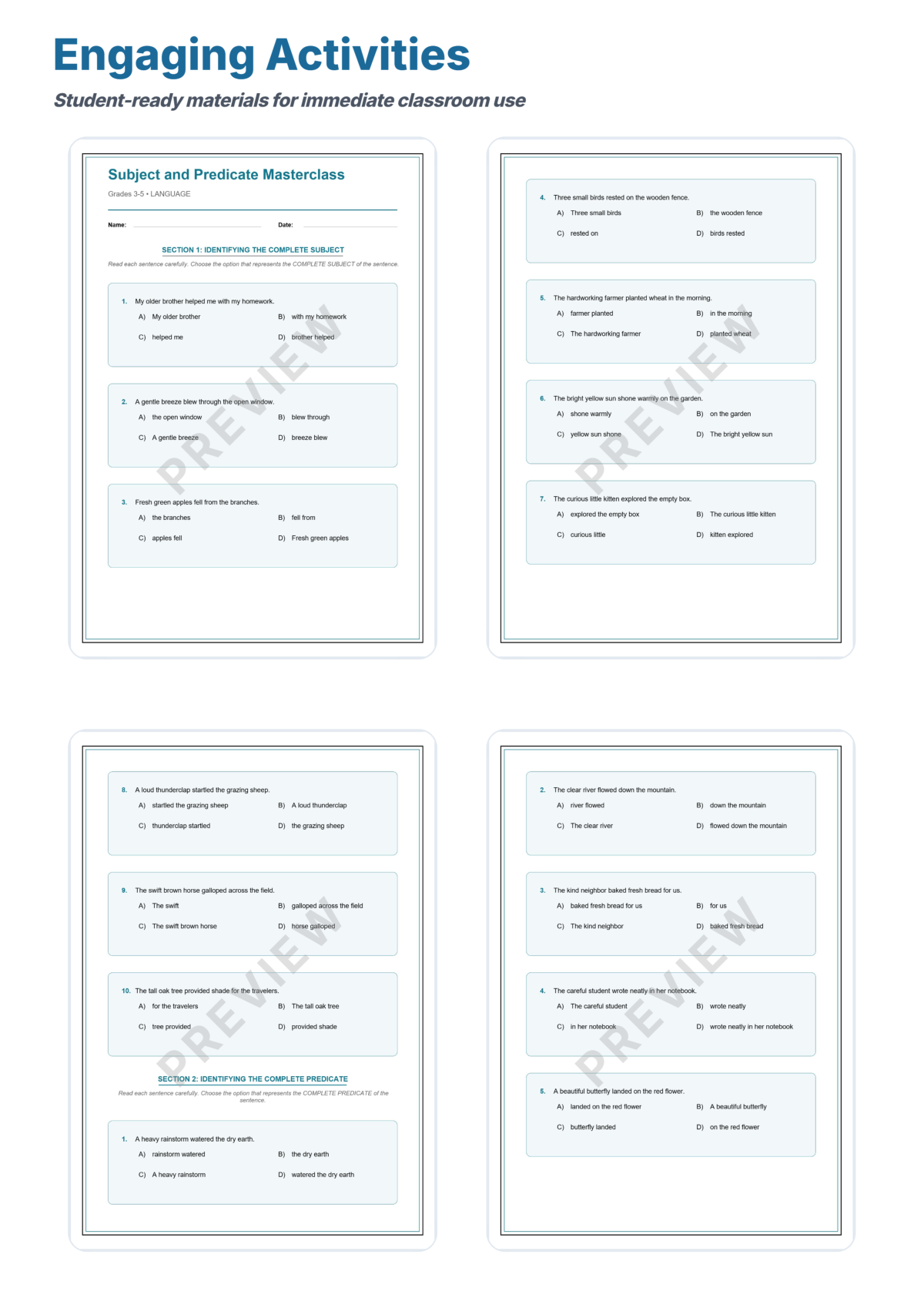Preview sheet 3 of Subject and Predicate Worksheets | Complete Simple Compound Grammar Practice