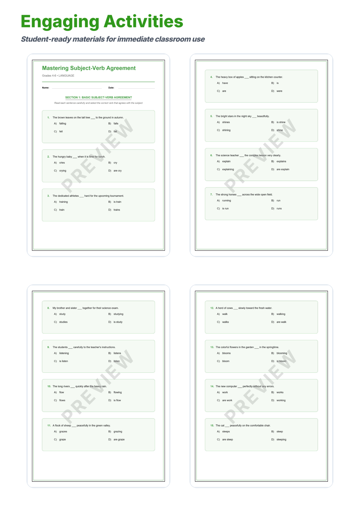 Preview sheet 3 of Subject-Verb Agreement Worksheet | Grammar Practice | Answer Key and Lesson Plan