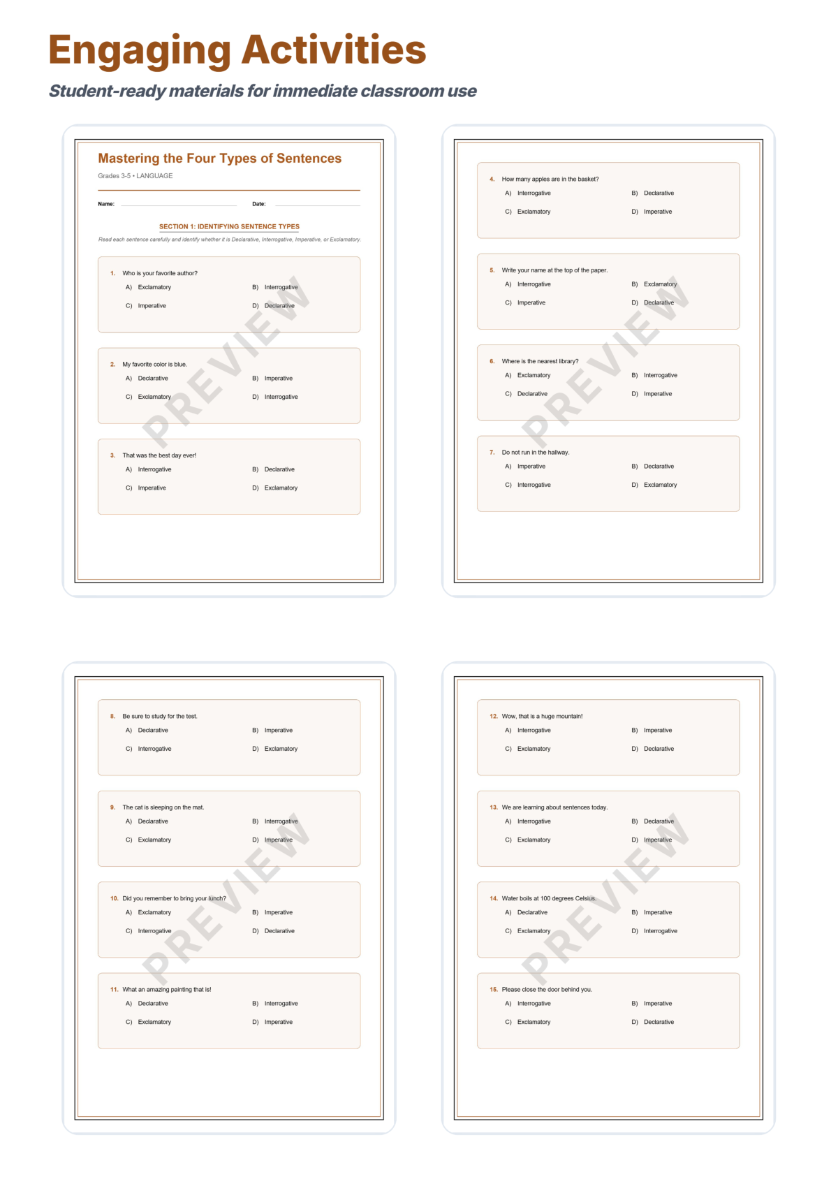 Preview sheet 3 of Four Types of Sentences Worksheets | Sentence Types Practice | Grammar Activity