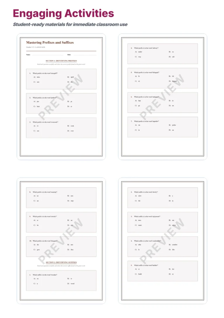 Prefixes and Suffixes Practice Worksheet Packet With Affix Meaning Exercises sample page 3