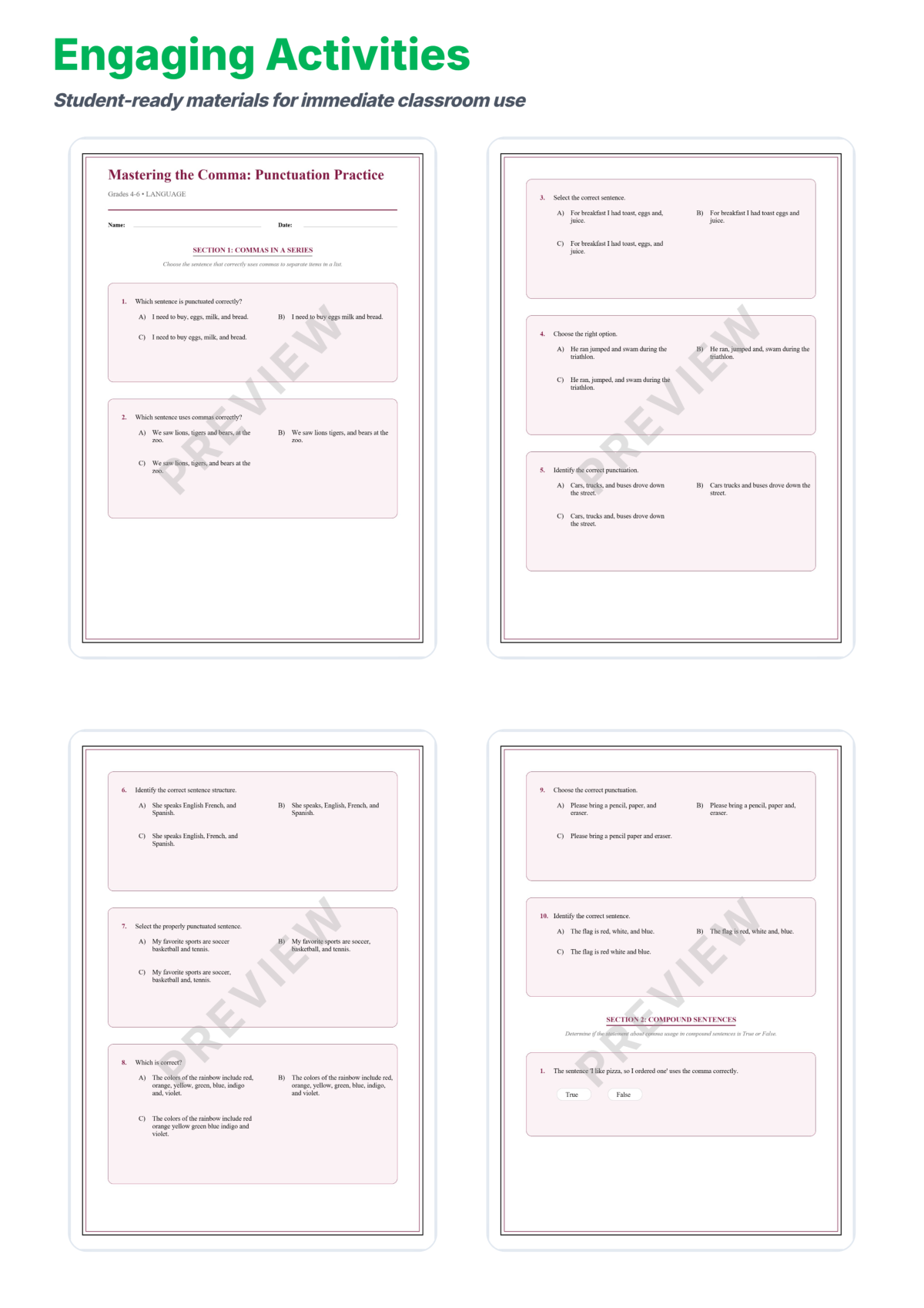 Preview sheet 3 of Comma Usage Worksheet Packet – Series Introductory Clauses and Dates Rules