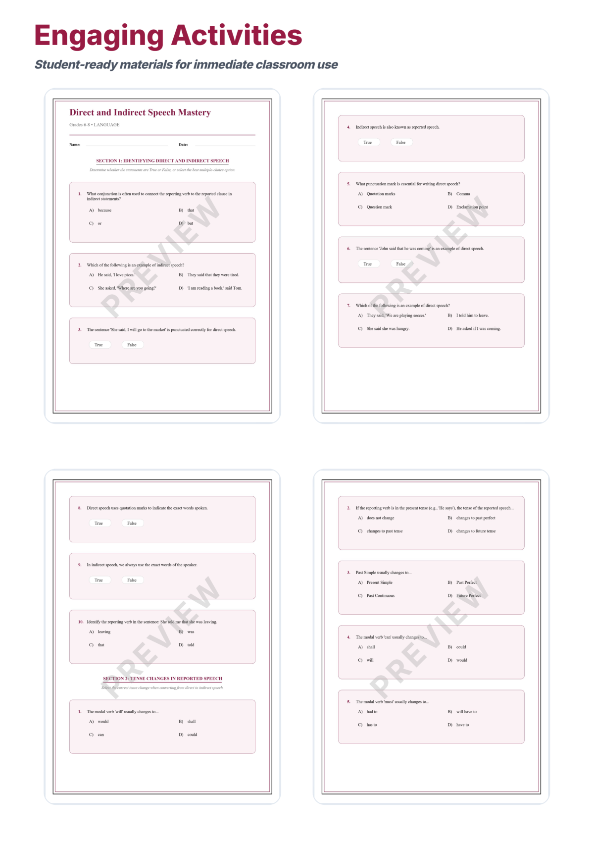 Preview sheet 3 of Direct and Indirect Speech Worksheets – Reported Speech & Dialogue Practice