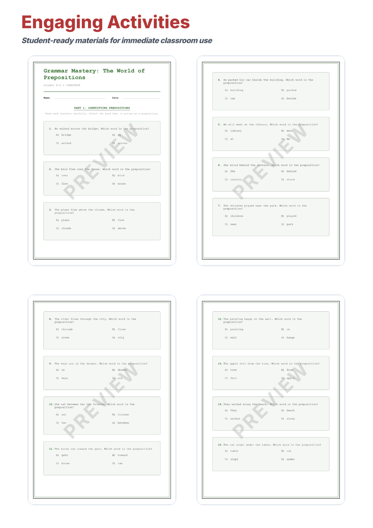 Preview sheet 3 of Prepositions and Prepositional Phrases Worksheets – Time Place & Direction