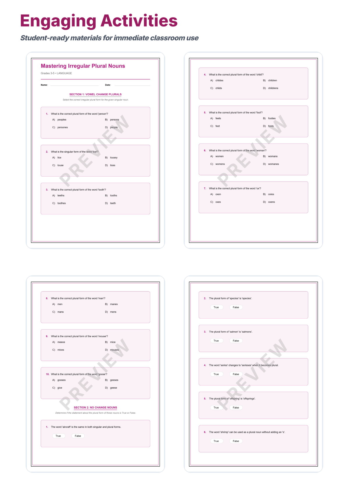 Preview sheet 3 of Irregular Plural Nouns Worksheet Packet – Spelling Rules & Plural Practice