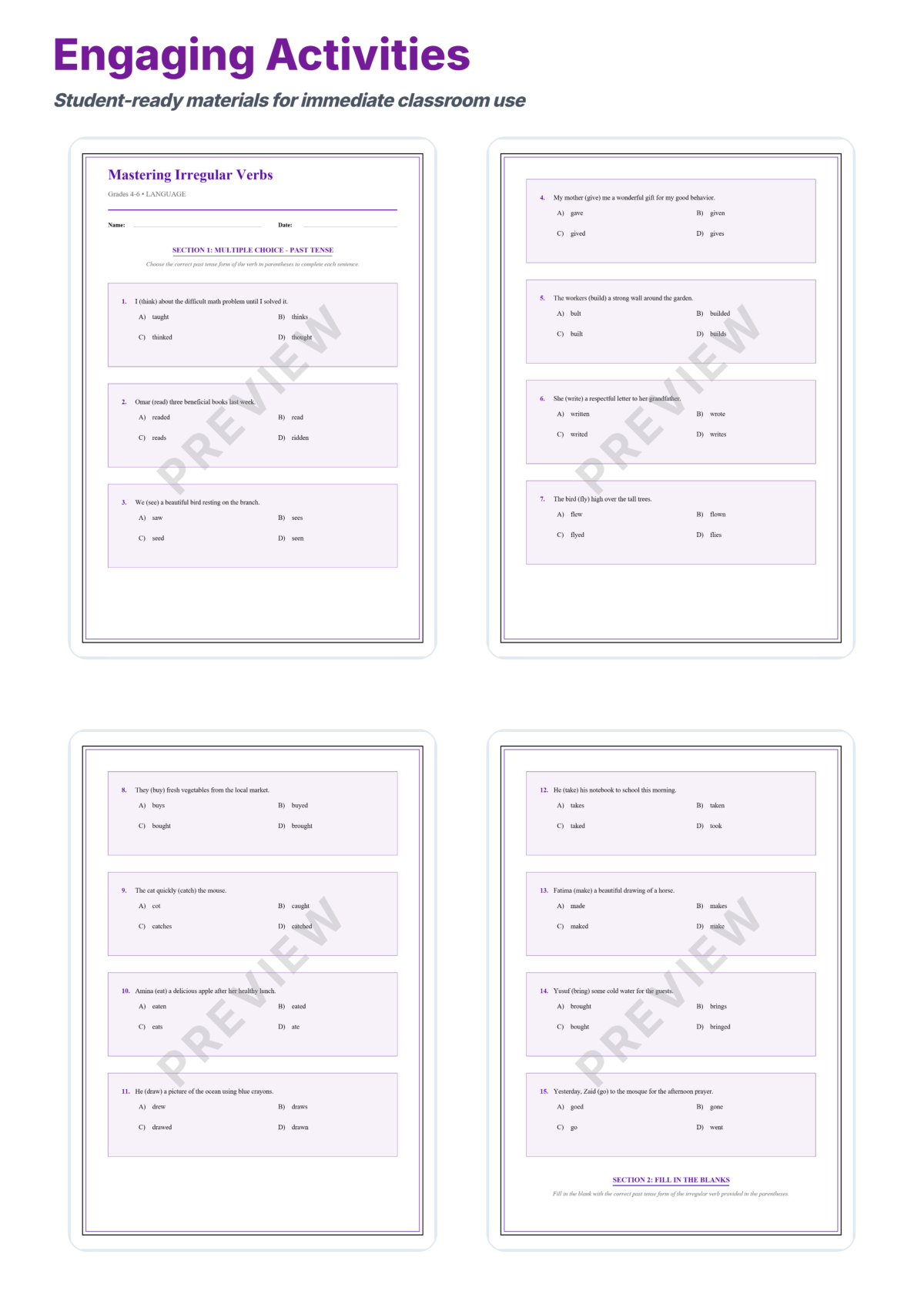 Preview sheet 3 of Irregular Verbs Practice Worksheets – Past Tense & Past Participle Grammar