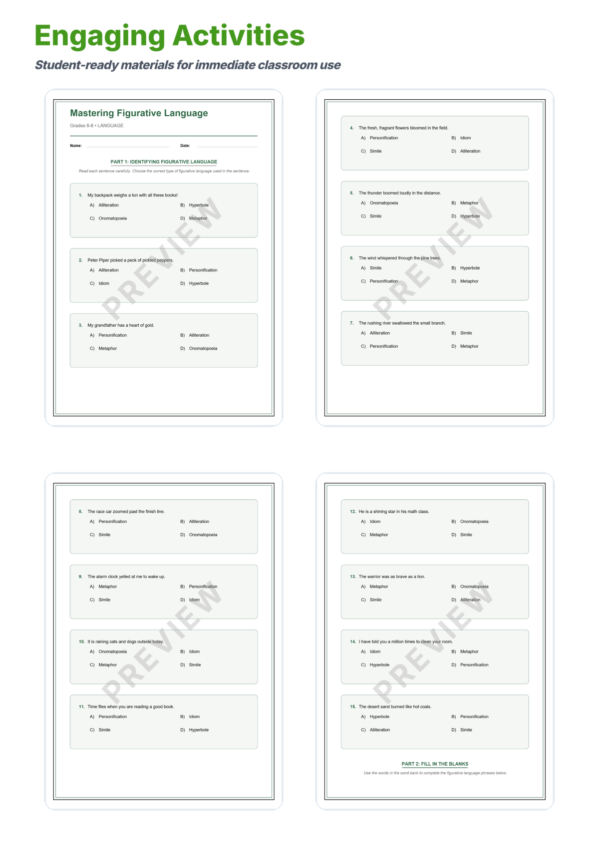 Preview sheet 3 of Figurative Language Worksheets – Simile Metaphor Personification & Idioms