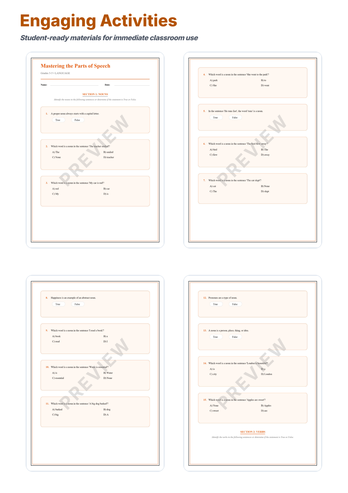 Preview sheet 3 of Parts of Speech Worksheets – Nouns Verbs Adjectives & Adverbs Practice Set