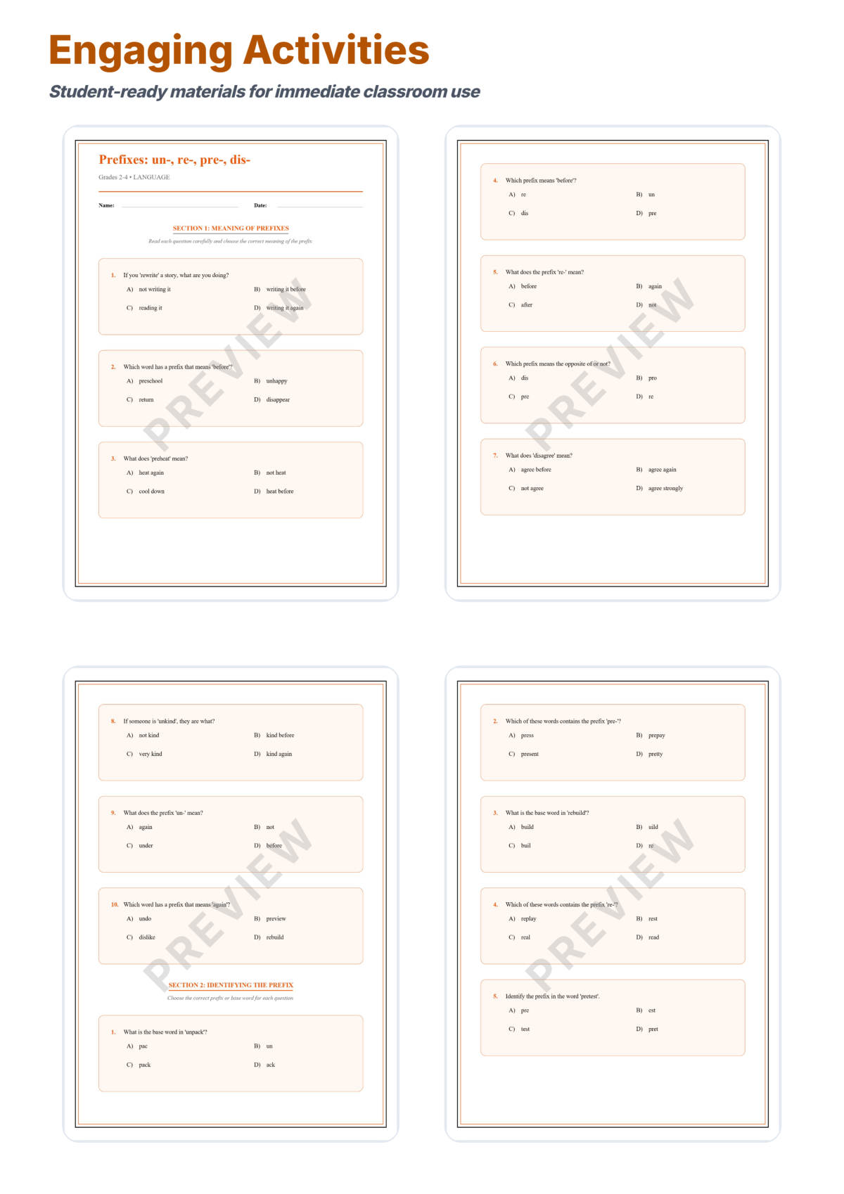 Preview sheet 3 of Prefixes Un Re Pre Dis Worksheet Packet – Word Study & Root Word Practice