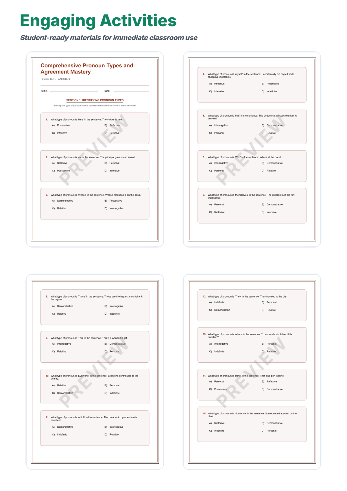Preview sheet 3 of Pronoun Types Worksheet Packet – Subject Object Reflexive & Relative Forms