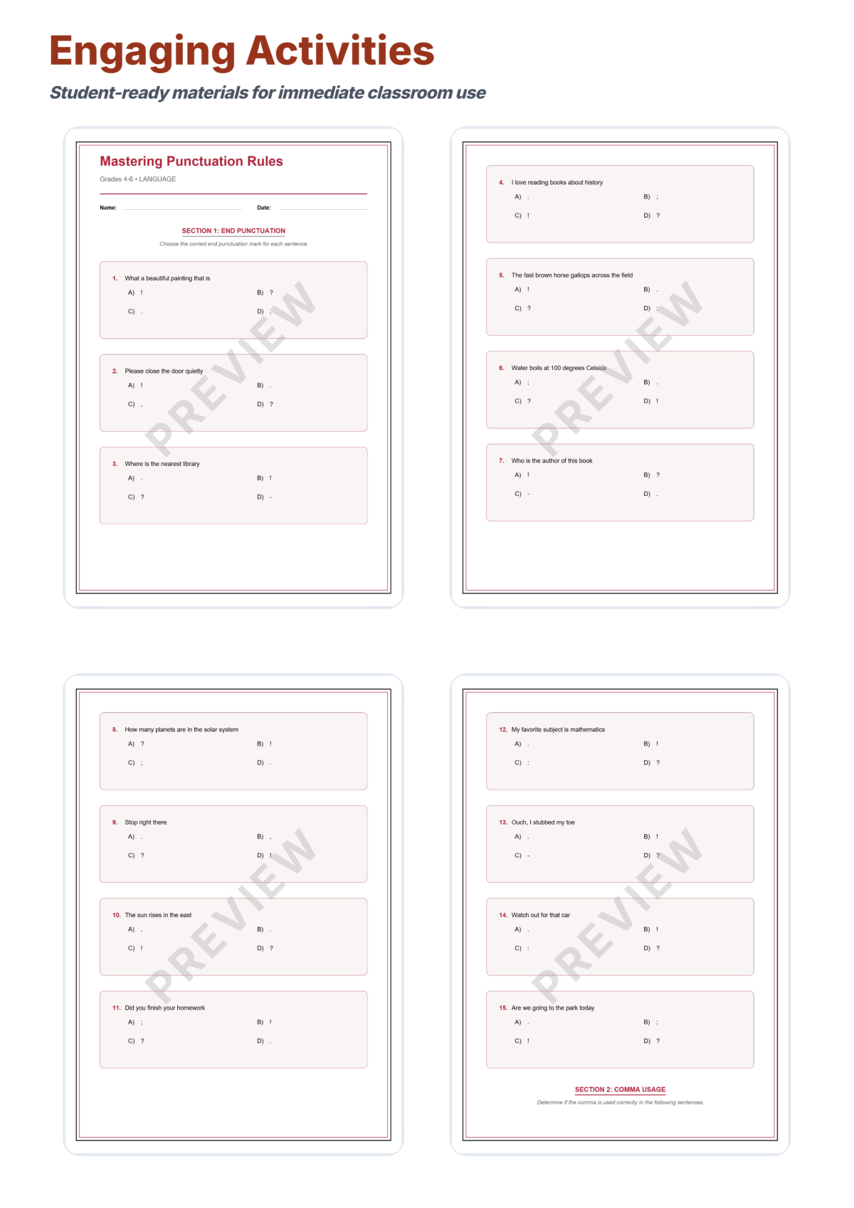 Preview sheet 3 of Punctuation Rules Worksheets – End Marks Commas Colons & Semicolons Packet