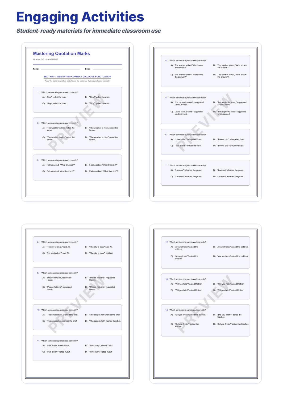 Preview sheet 3 of Quotation Marks Practice Worksheets – Dialogue Punctuation & Short Titles