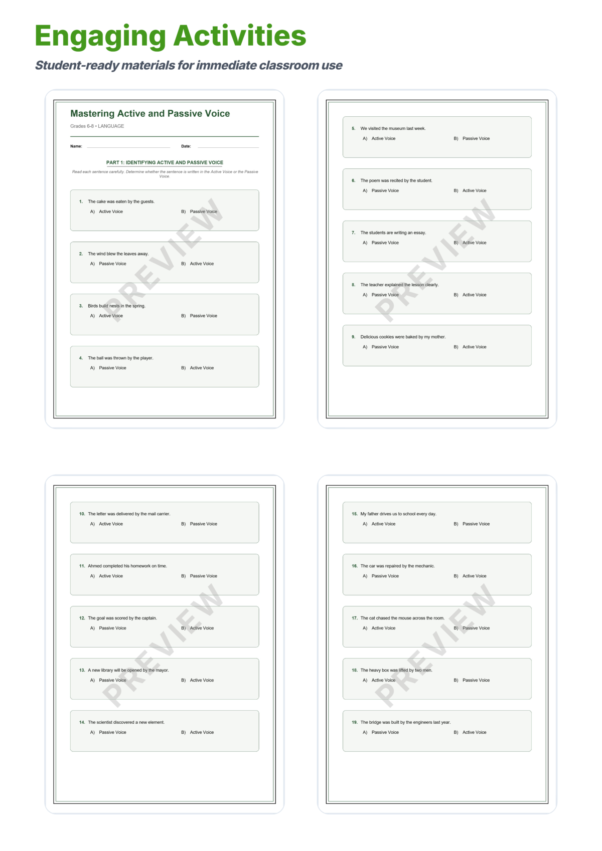 Preview sheet 3 of Active and Passive Voice Worksheets | Grammar Practice, Answer Key, Lesson Plan