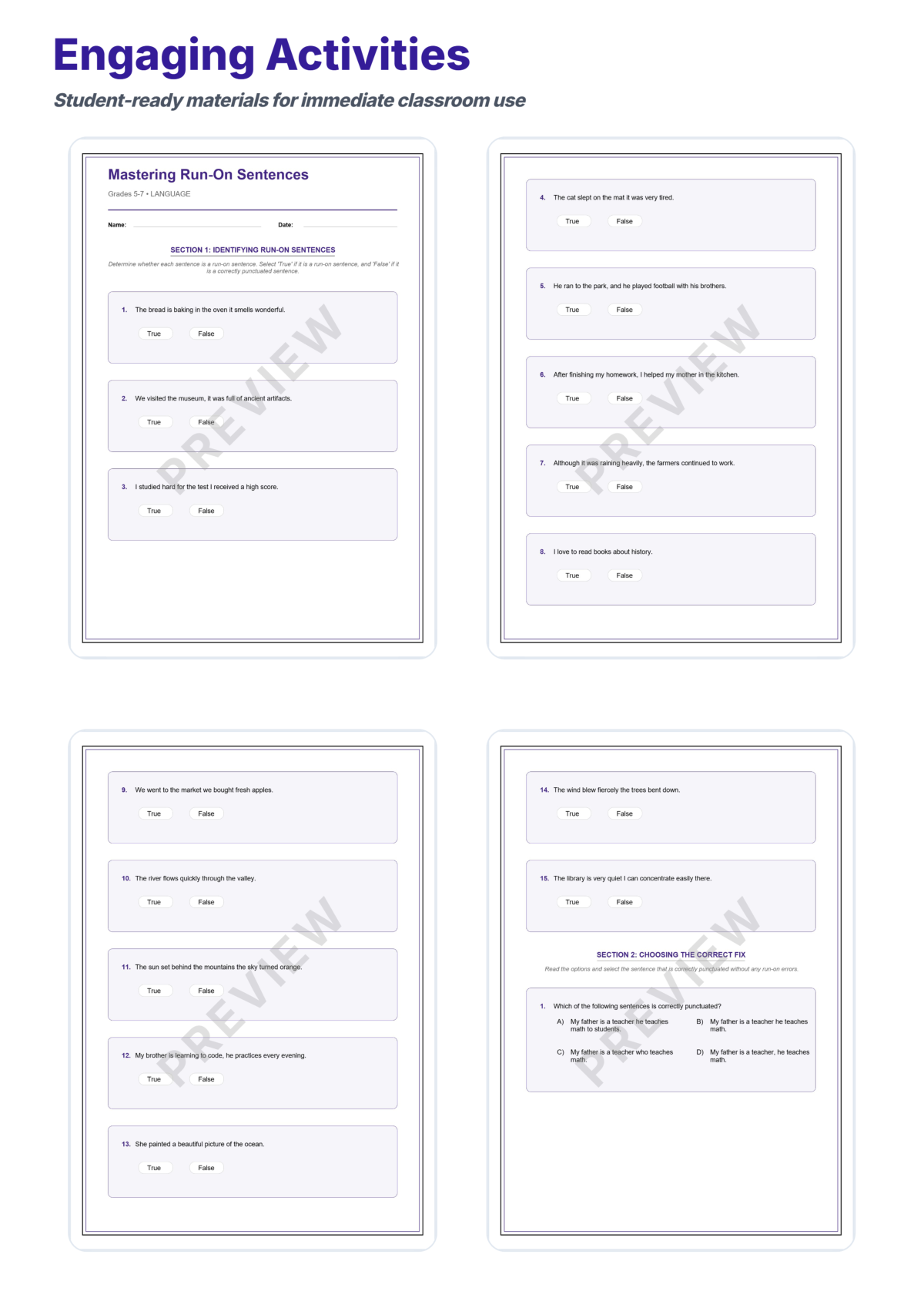 Preview sheet 3 of Run-On Sentences Worksheets – Comma Splices and Fused Sentence Practice Set