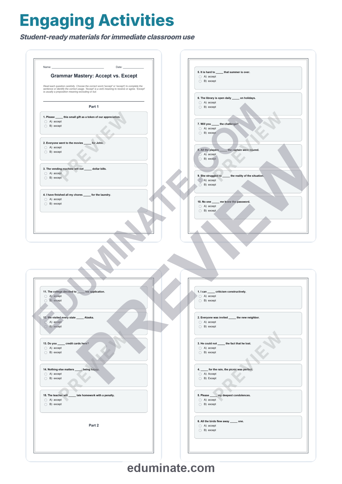 Preview sheet 3 of Accept vs Except Worksheets | Grammar Practice | Reading Passage Activity Pages