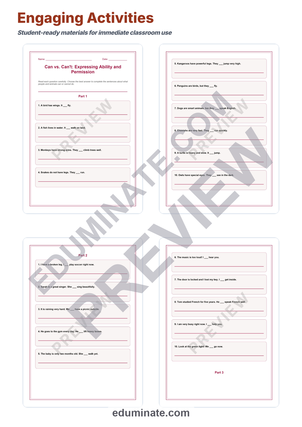 Preview sheet 3 of Can vs Can’t Worksheets | English Grammar Practice | Ability Permission Set