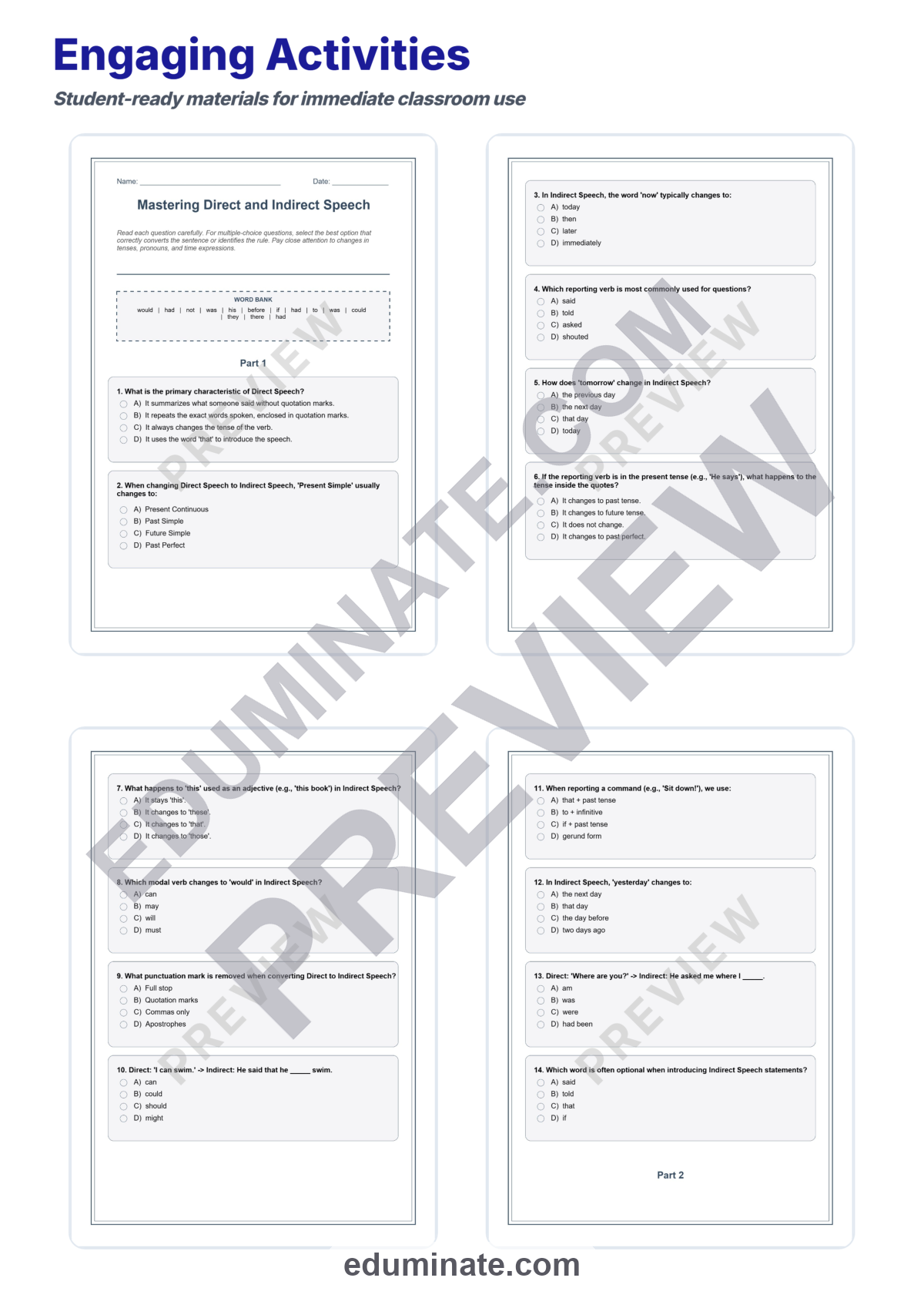 Preview sheet 3 of Direct and Indirect Speech Worksheets | Reported Speech Practice | Grammar Set