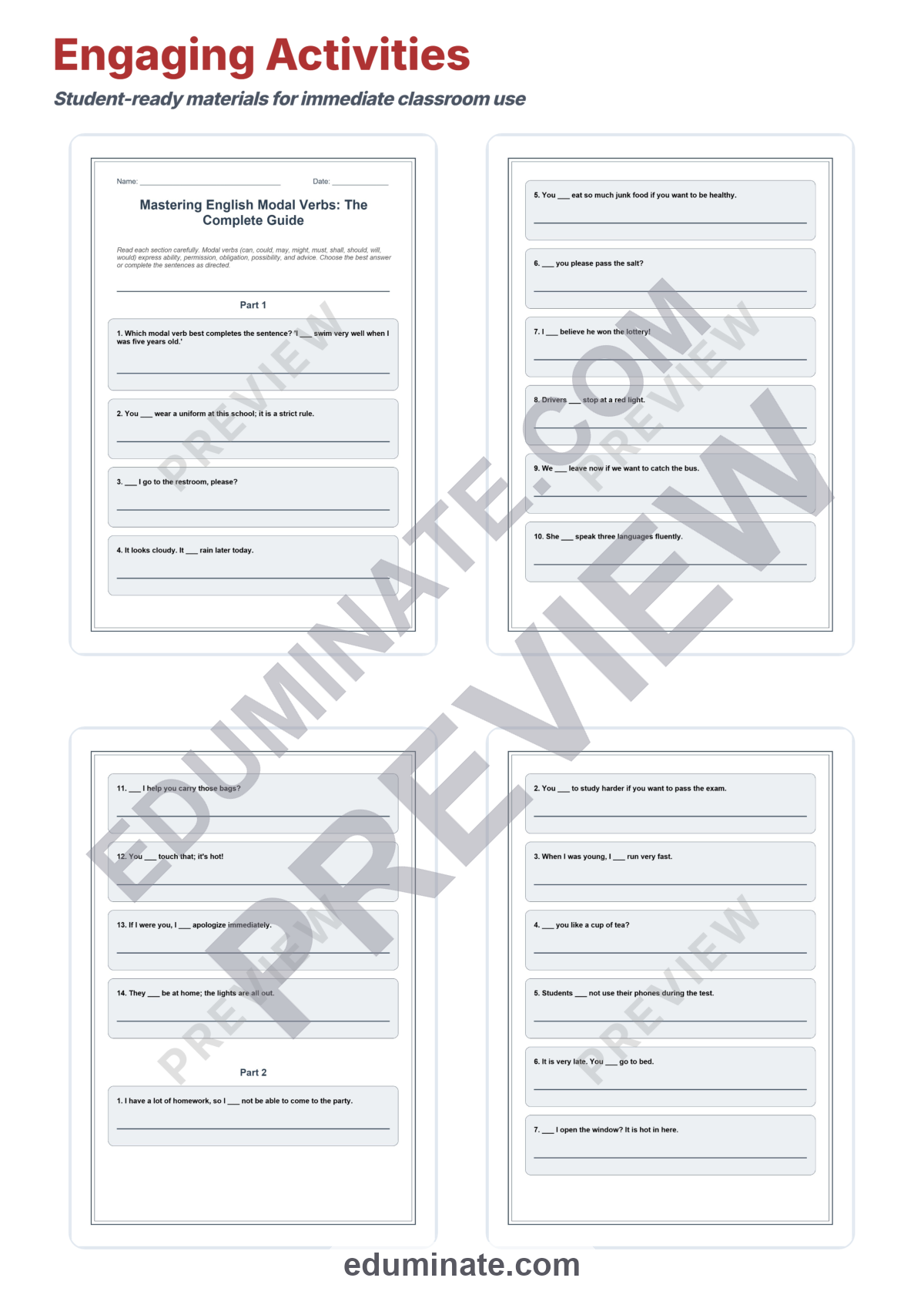 Preview sheet 3 of Modal Verbs Worksheet | English Grammar Practice | Answer Key and Lesson Plan