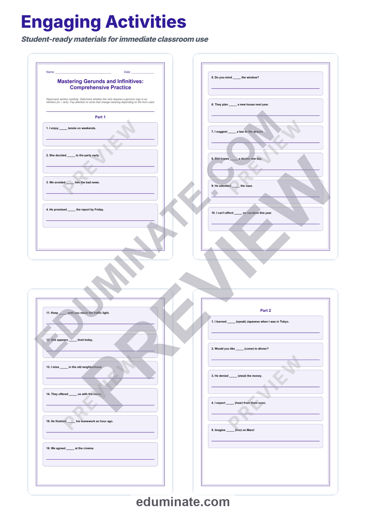 Preview sheet 3 of Gerunds and Infinitives Worksheet | Verb Pattern Practice | Grammar Activity Set