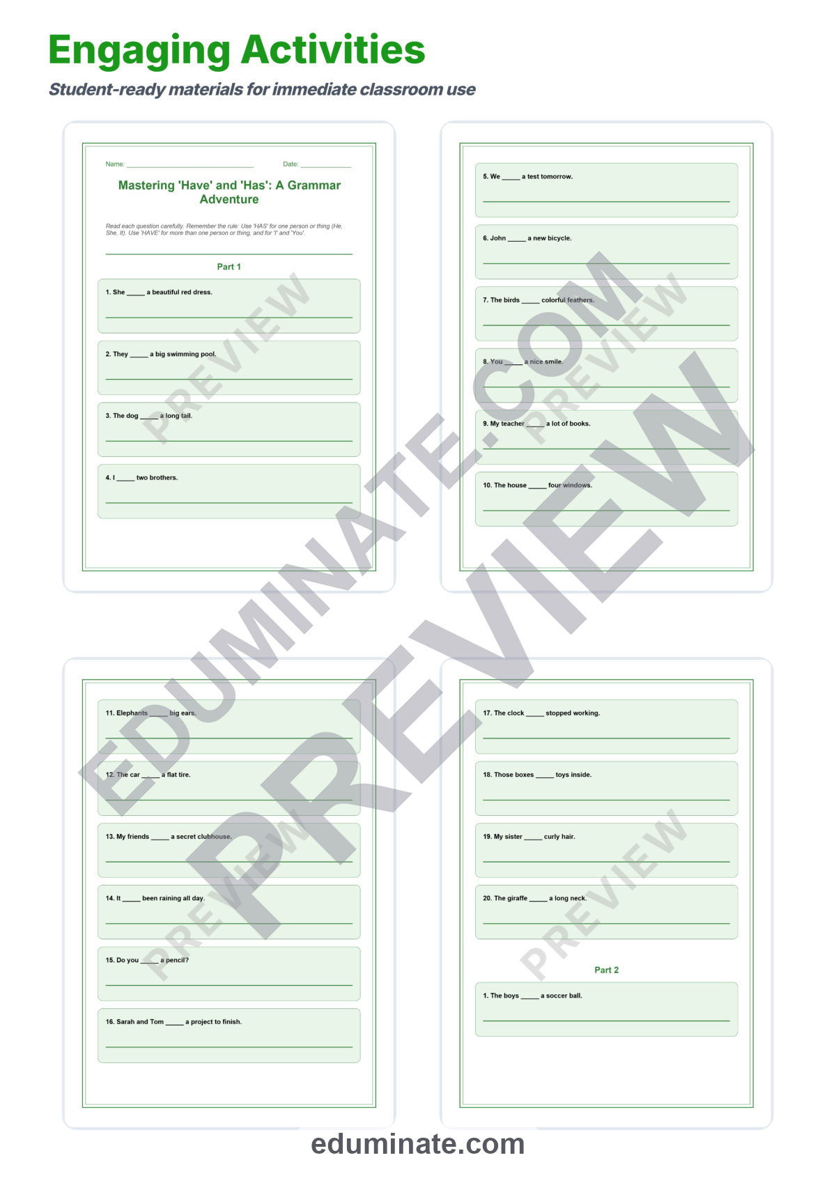 Preview sheet 3 of Have or Has Worksheet | Subject Verb Agreement Practice | Grammar Printables