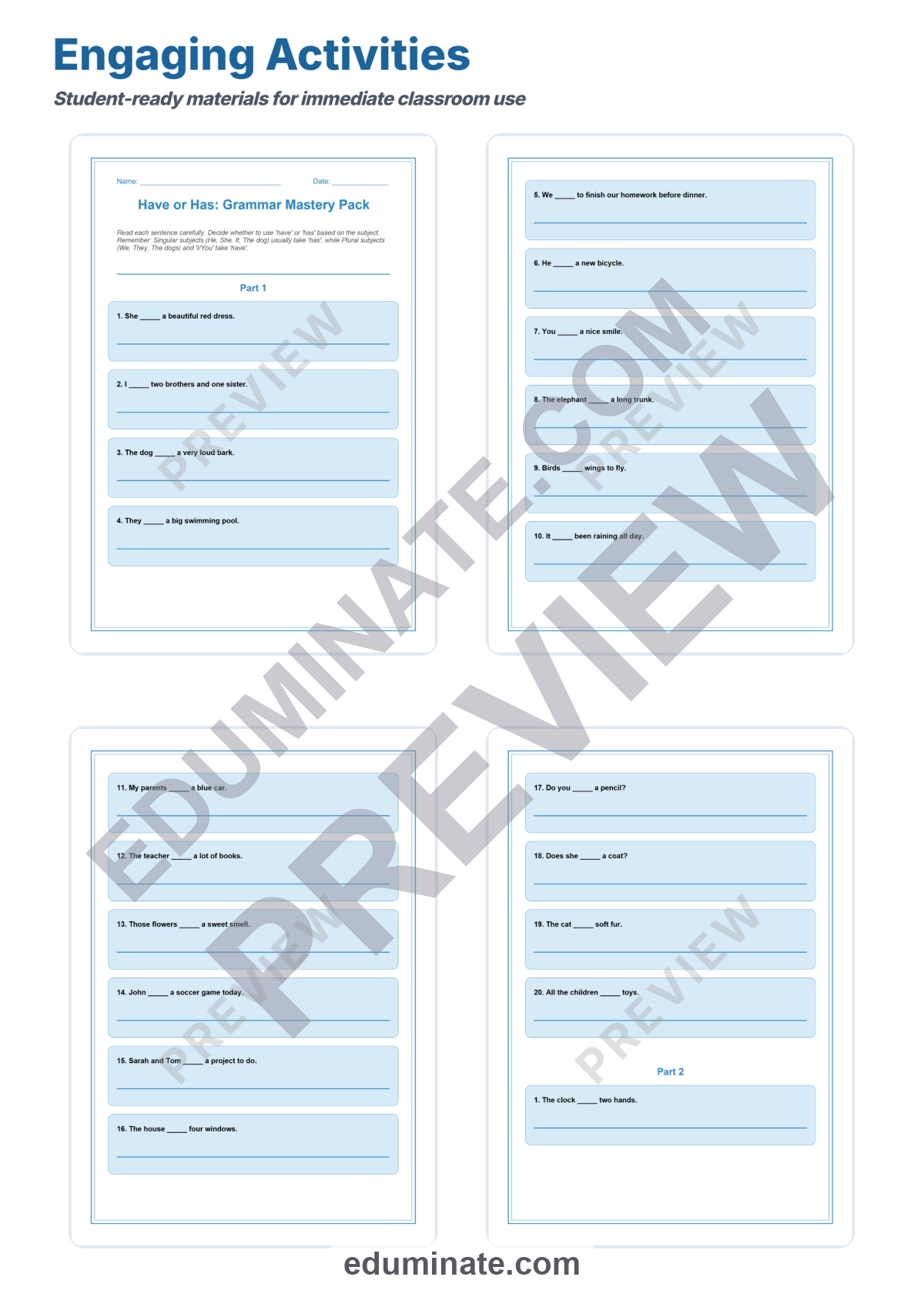 Preview sheet 3 of Subject Verb Agreement Worksheets | Have Has Practice | Grammar Activities Pack