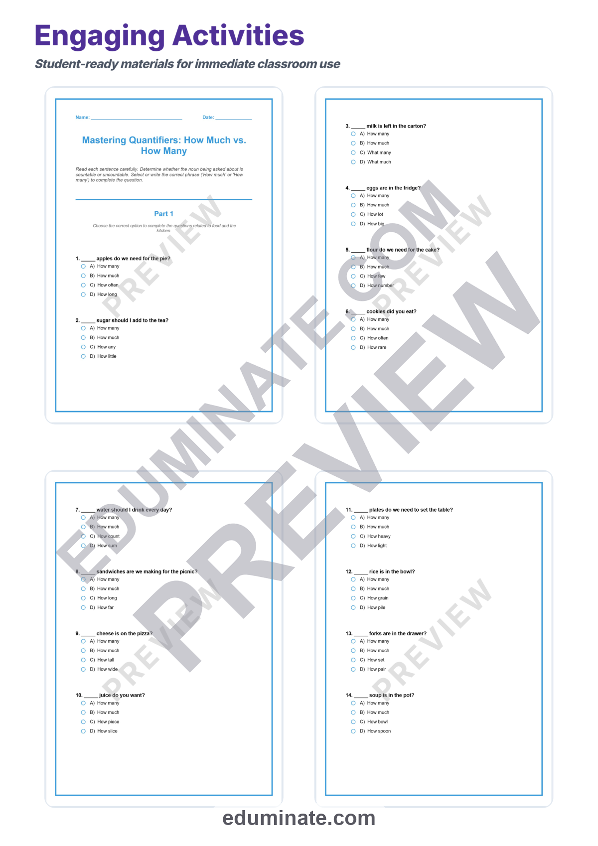 Preview sheet 3 of How Much or How Many Worksheet | Countable and Uncountable Nouns Practice Pack