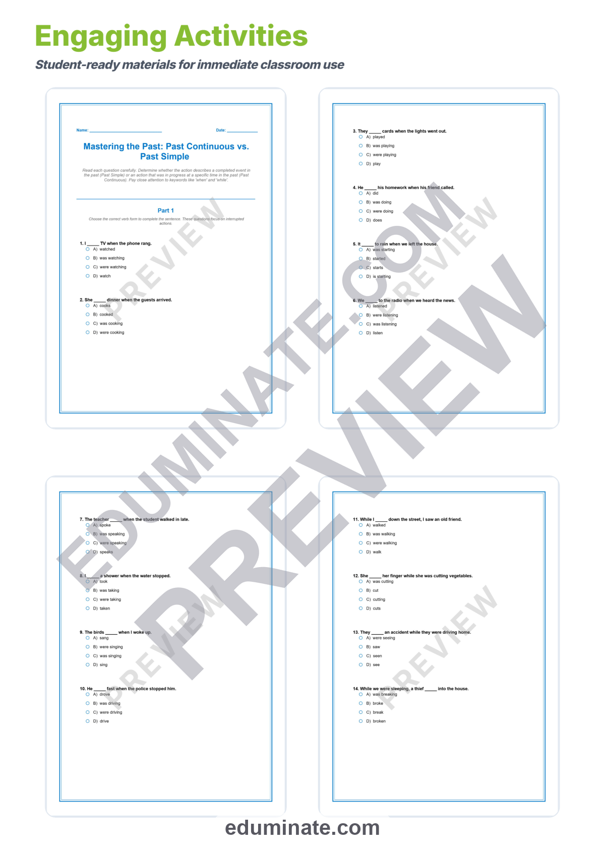 Preview sheet 3 of Past Continuous and Past Simple Worksheets | Grammar Practice With Answer Key