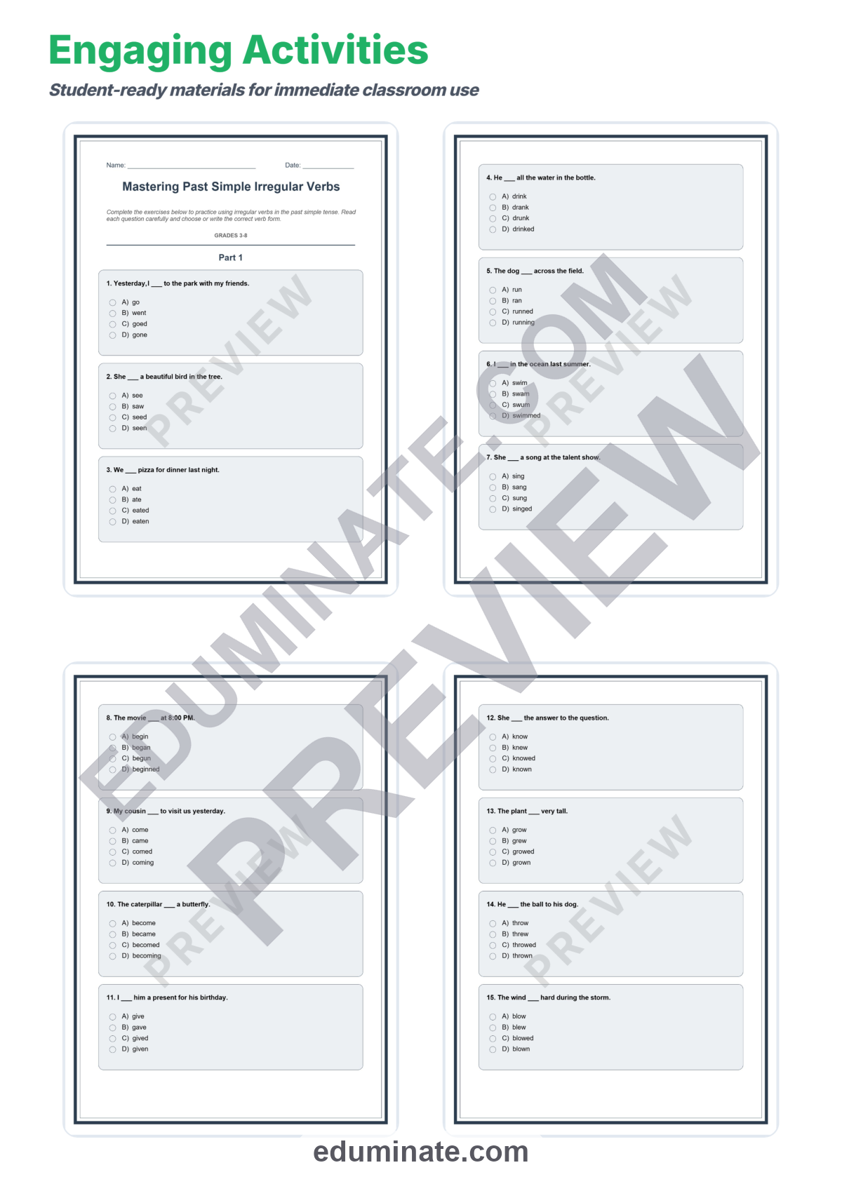 Preview sheet 3 of Past Simple Irregular Verbs Worksheets | Fill In Activity | Grammar Practice Set