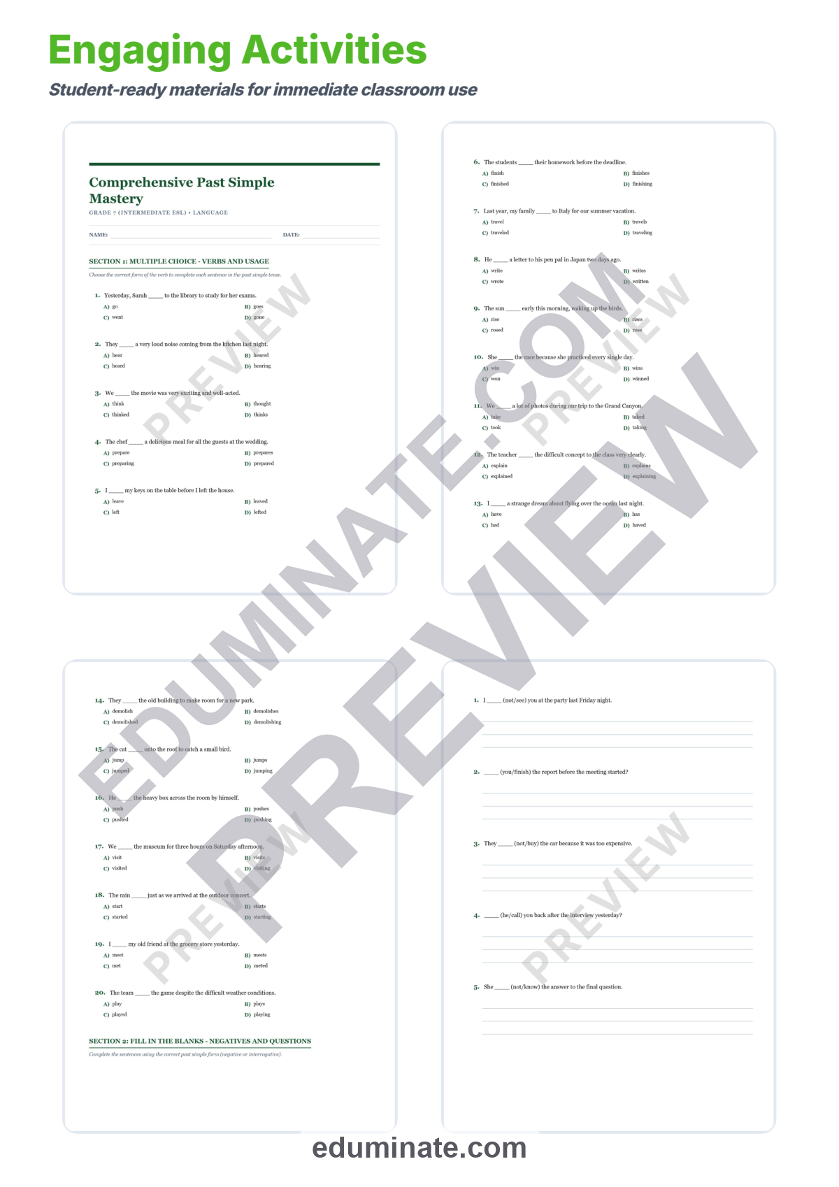 Preview sheet 3 of Past Tense Verbs Worksheet | Irregular Verbs Practice | ESL Grammar Worksheets