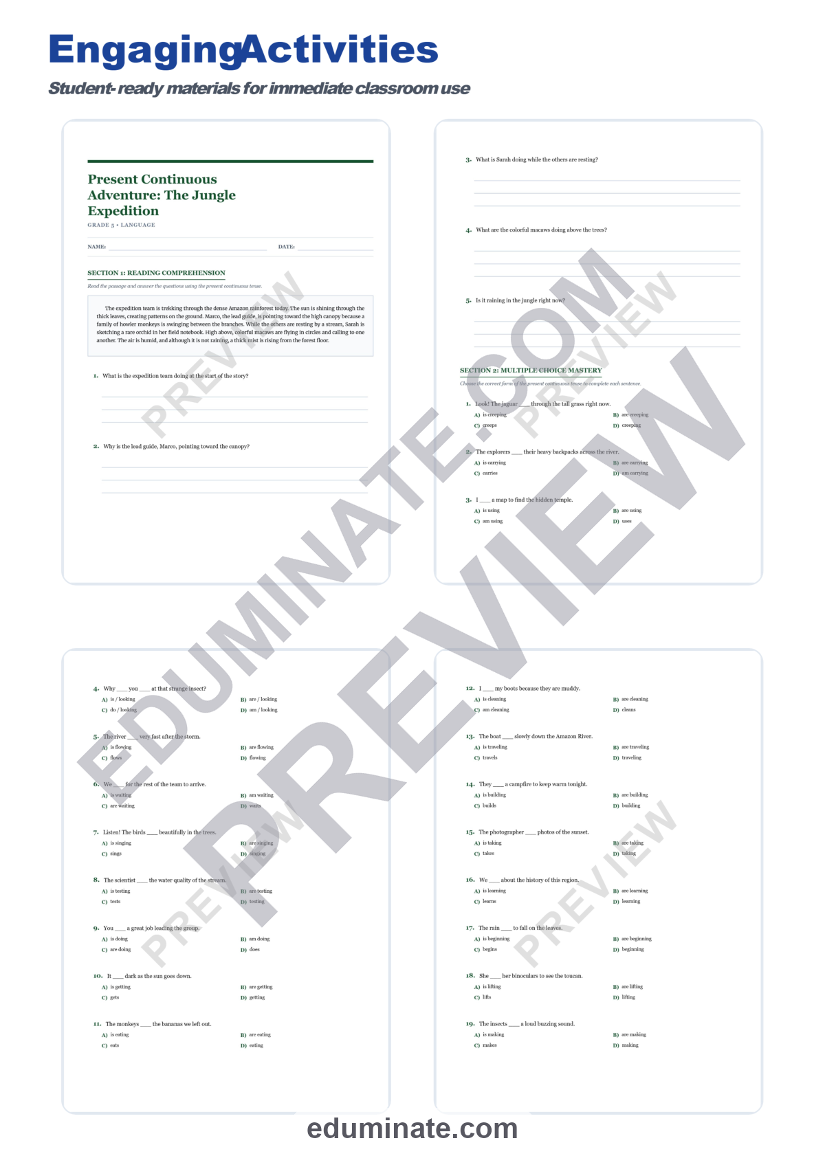 Preview sheet 3 of Present Continuous Tense Worksheets | Jungle Expedition ESL Grammar Practice