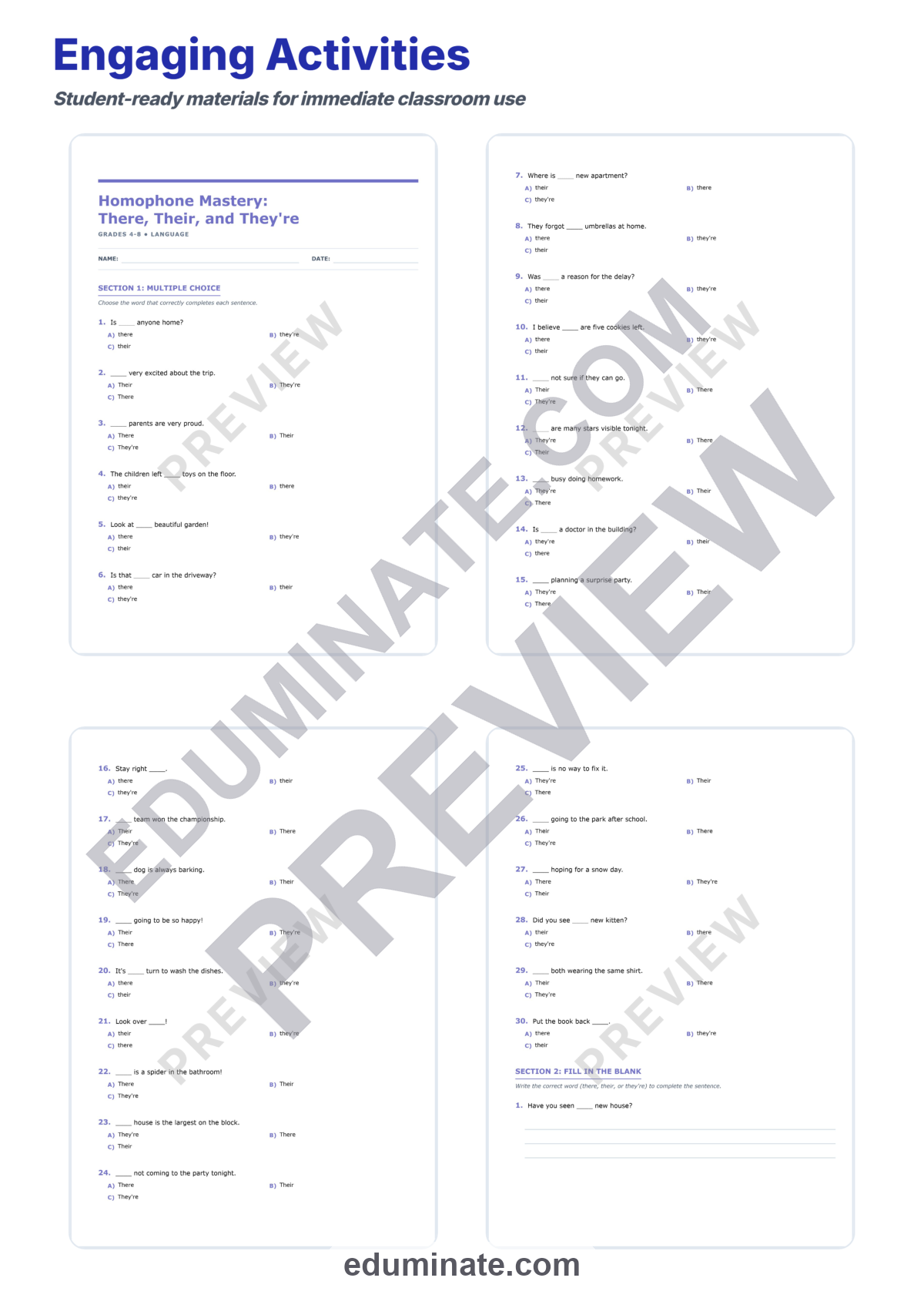 Preview sheet 3 of There, Their, They’re Worksheets | Homophones Practice | Grammar Activity Set