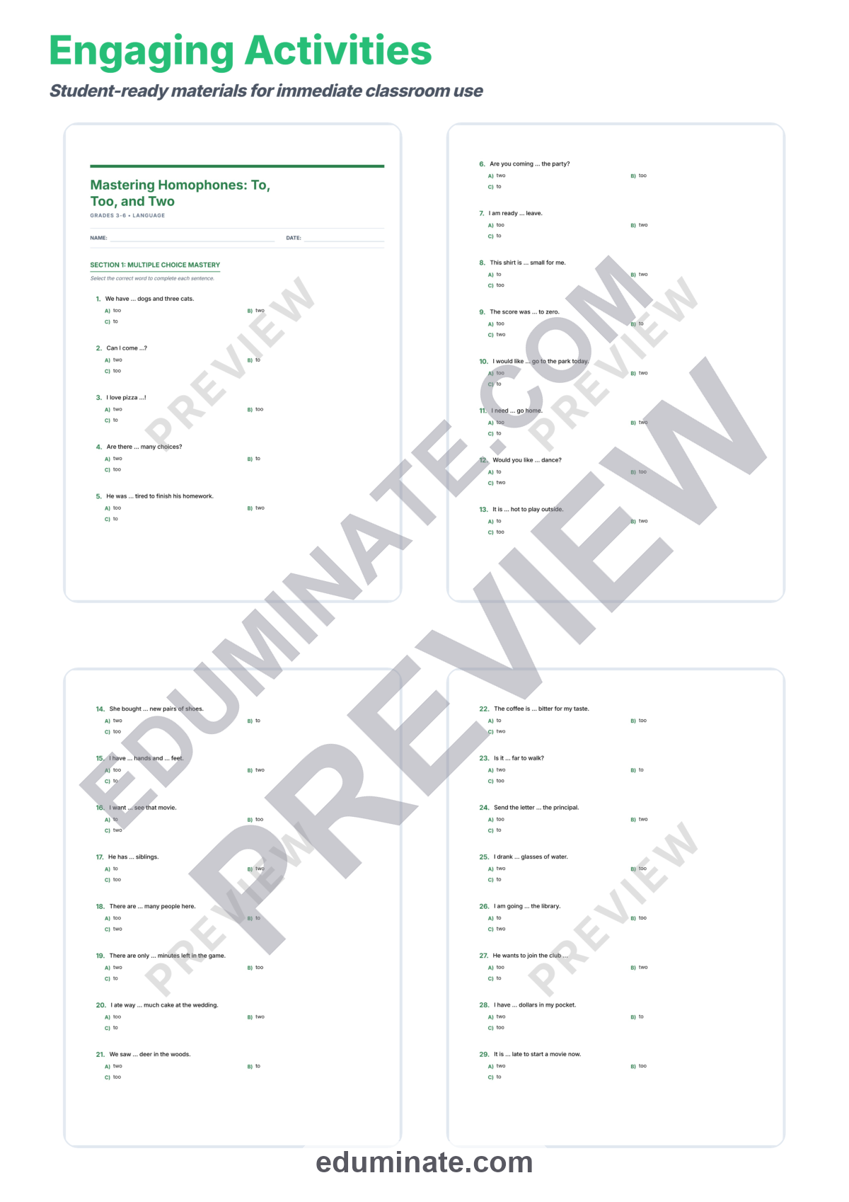 Preview sheet 3 of To Too Two Worksheet | Homophones Grammar Practice | Multiple Choice Questions