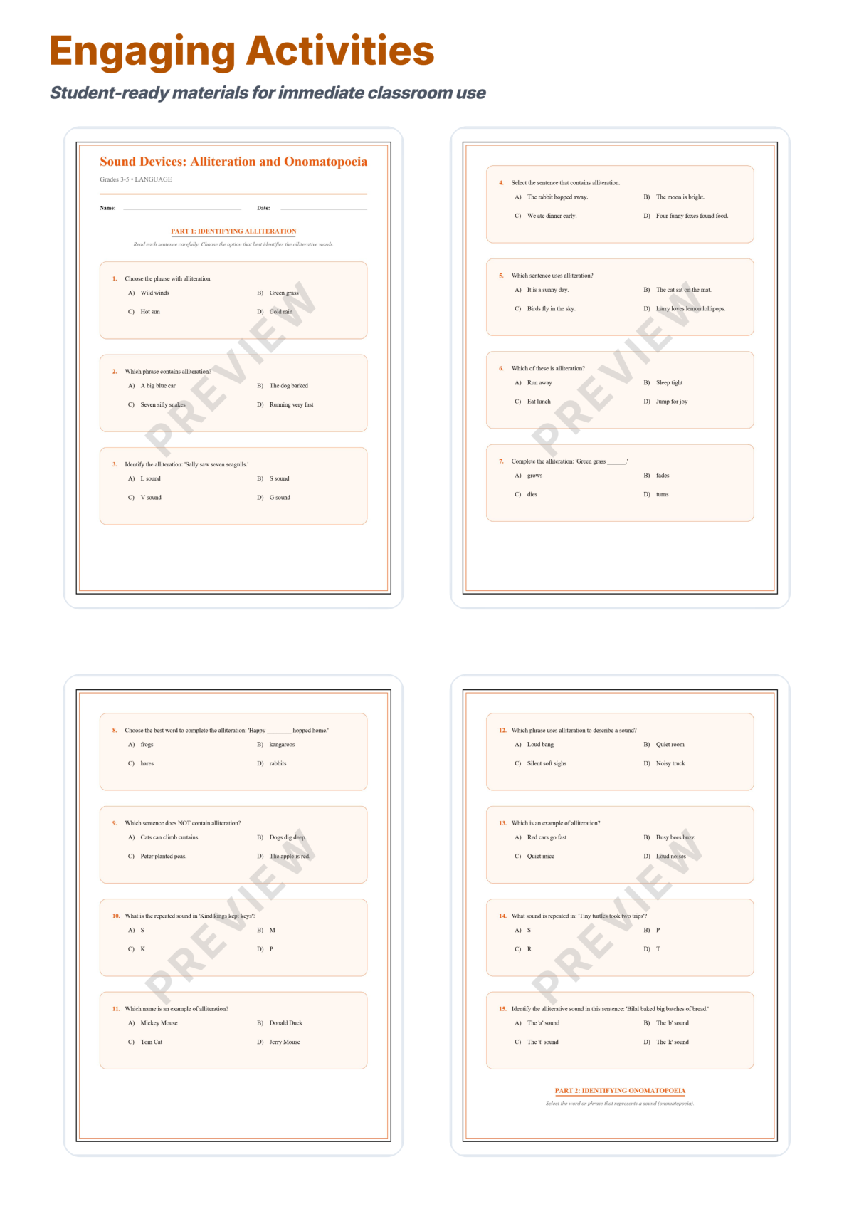 Preview sheet 3 of Alliteration and Onomatopoeia Worksheets | Sound Device Practice | Answer Key