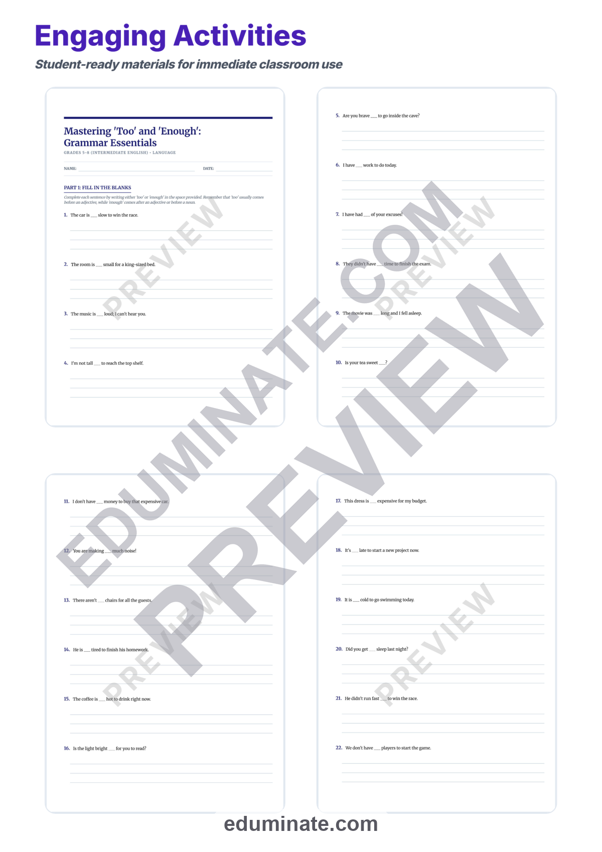 Preview sheet 3 of Too Vs Enough Worksheets | Grammar Practice Activities | Fill In The Blank Set