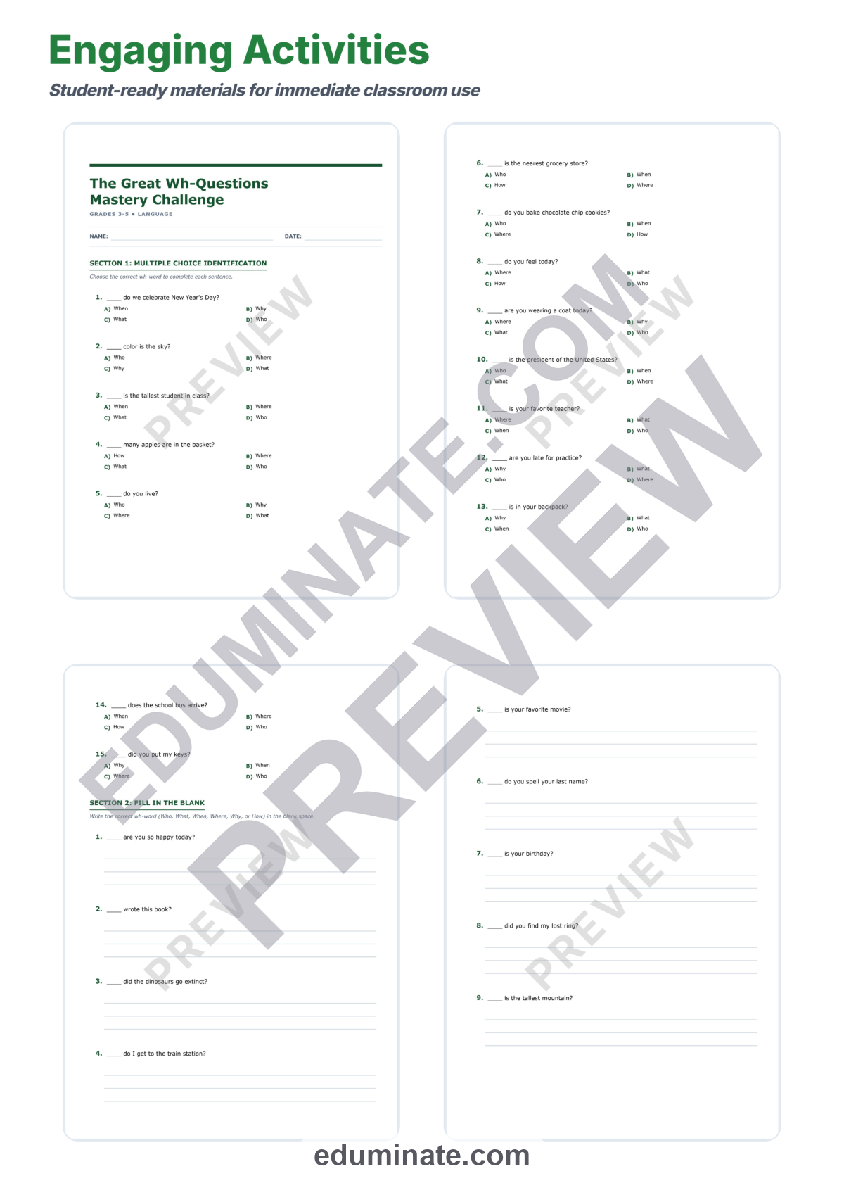 Preview sheet 3 of Wh Questions Worksheets | Who What When Where Why How | Question Words Practice