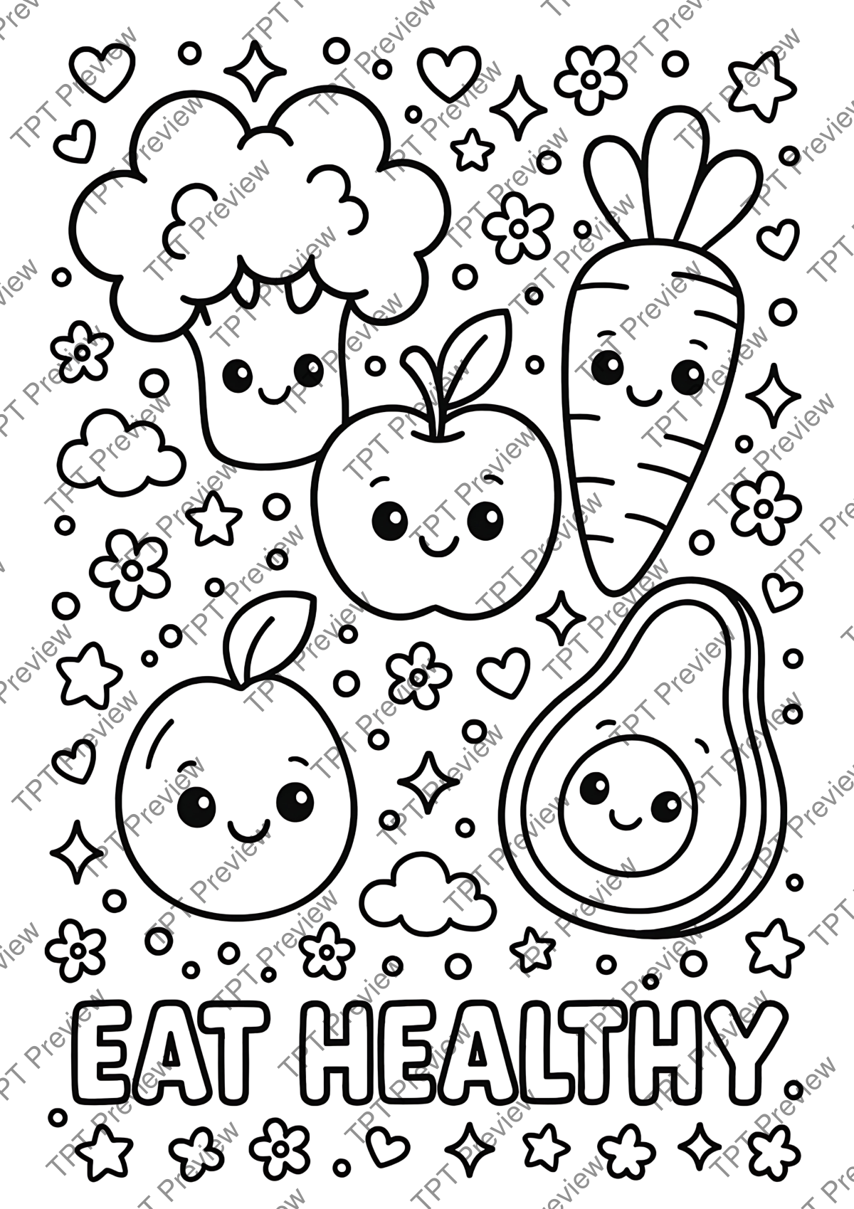 Preview sheet 3 of Healthy Eating Coloring Pages | Kawaii Fruit and Veggie Printables | 30 Pages