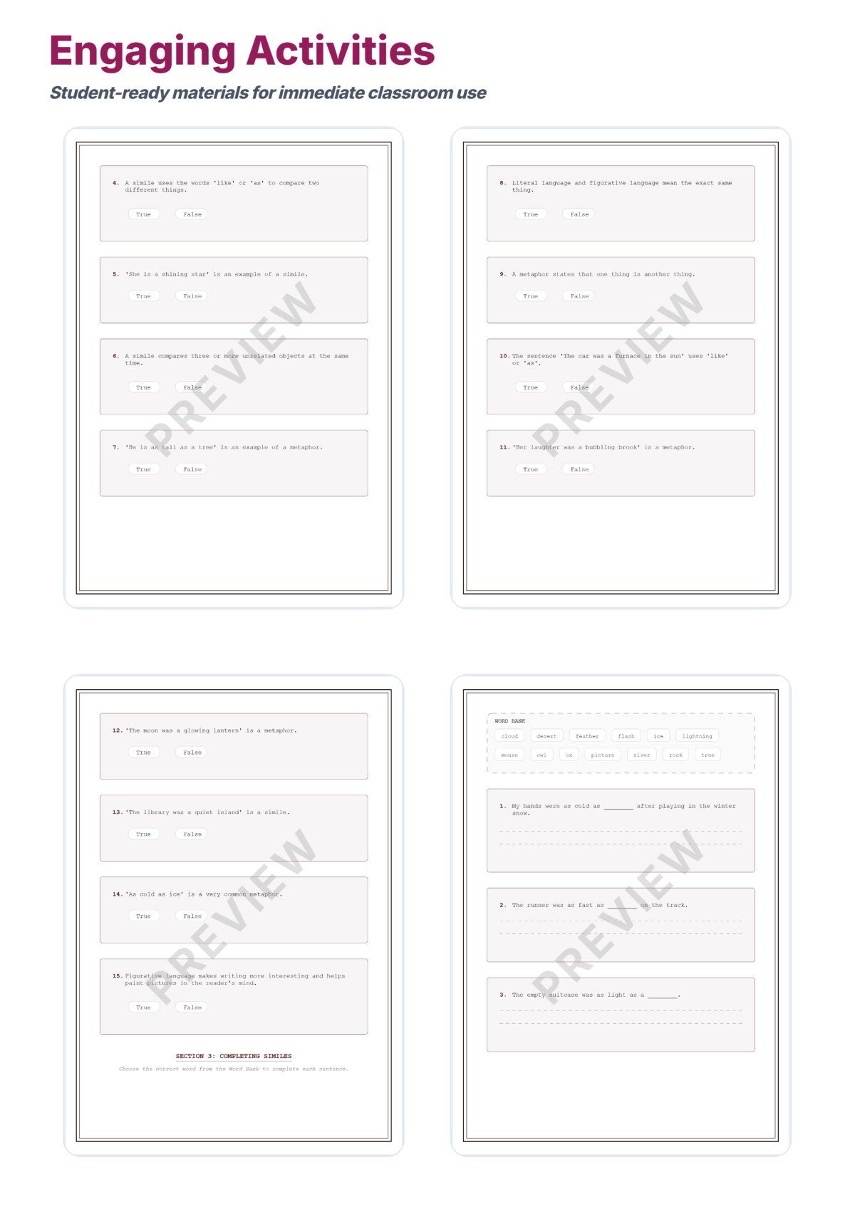 Preview sheet 4 of Simile and Metaphor Worksheets | Figurative Language Practice with Answer Key