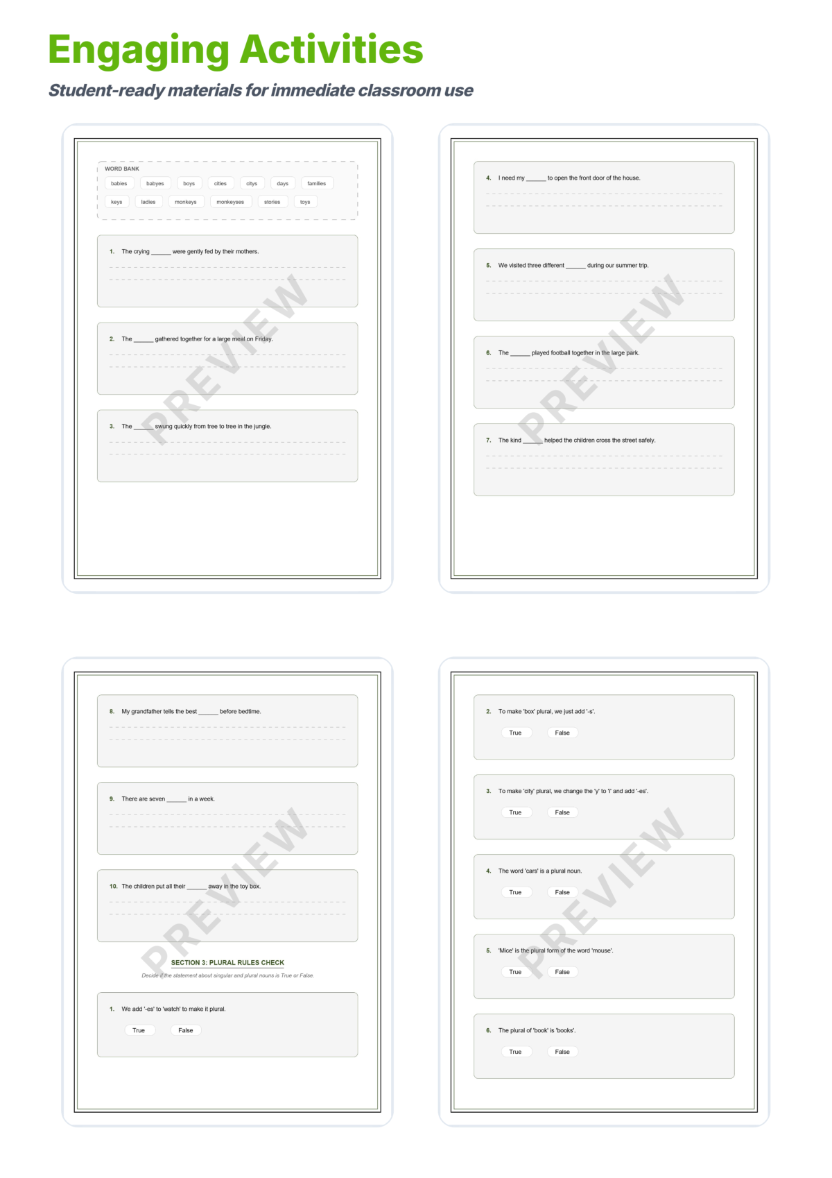 Preview sheet 4 of Singular and Plural Nouns Worksheets | Plural Rules | Grammar Practice Activity