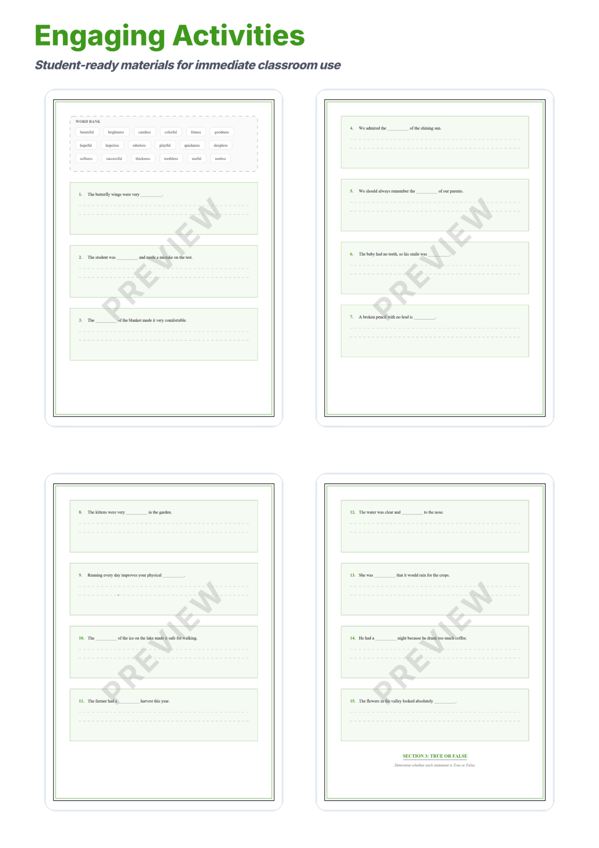 Preview sheet 4 of Suffixes -ful -less -ness Worksheets, Word Meaning Practice with Answer Key