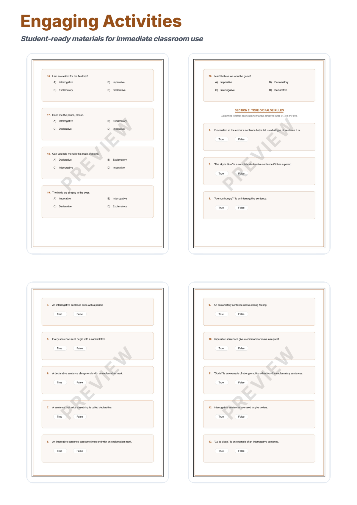 Preview sheet 4 of Four Types of Sentences Worksheets | Sentence Types Practice | Grammar Activity
