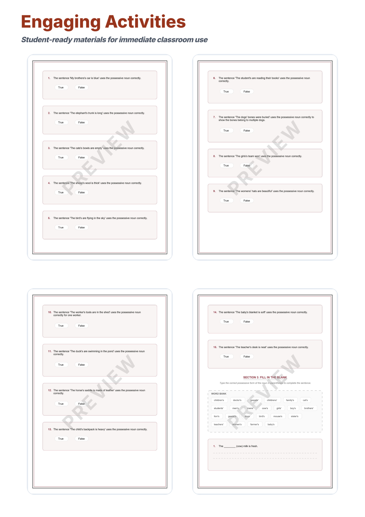 Preview sheet 4 of Possessive Nouns Worksheet Packet With Singular and Plural Apostrophe Work