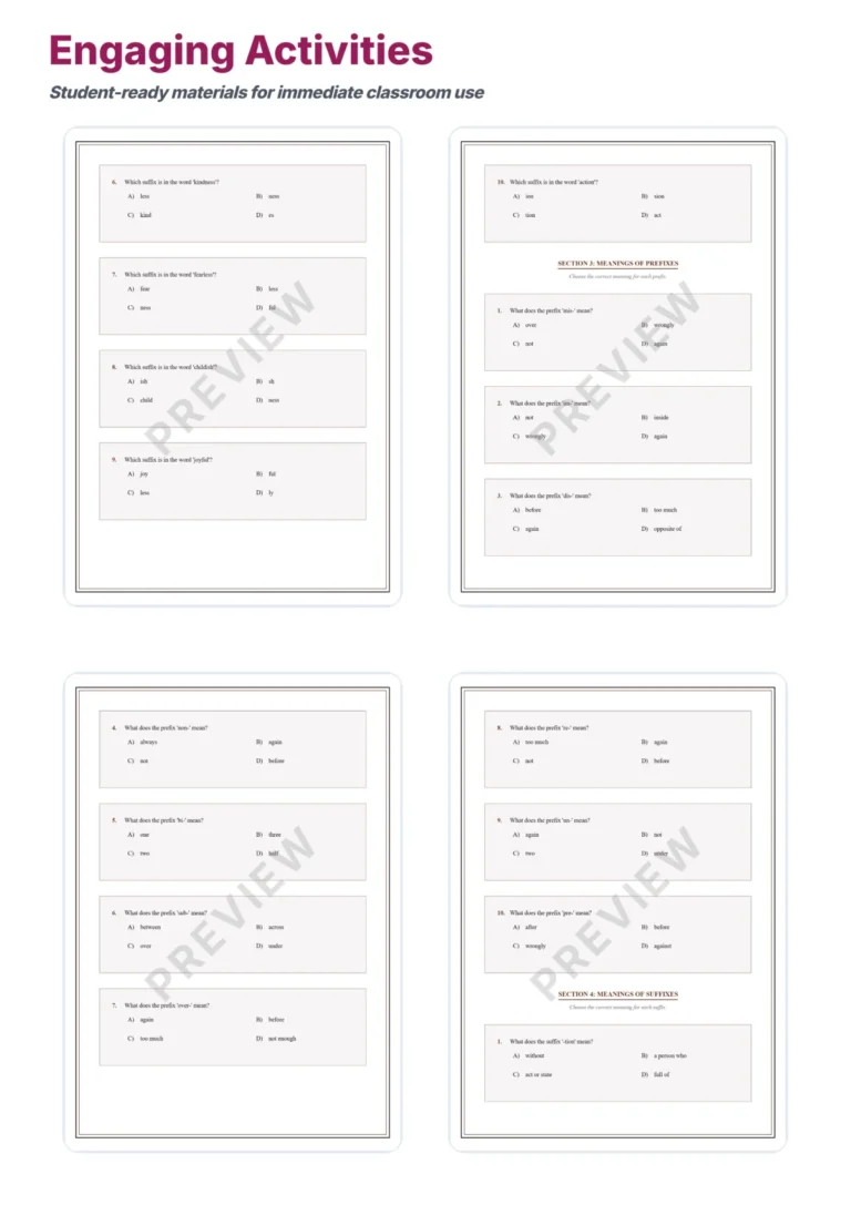 Prefixes and Suffixes Practice Worksheet Packet With Affix Meaning Exercises sample page 4
